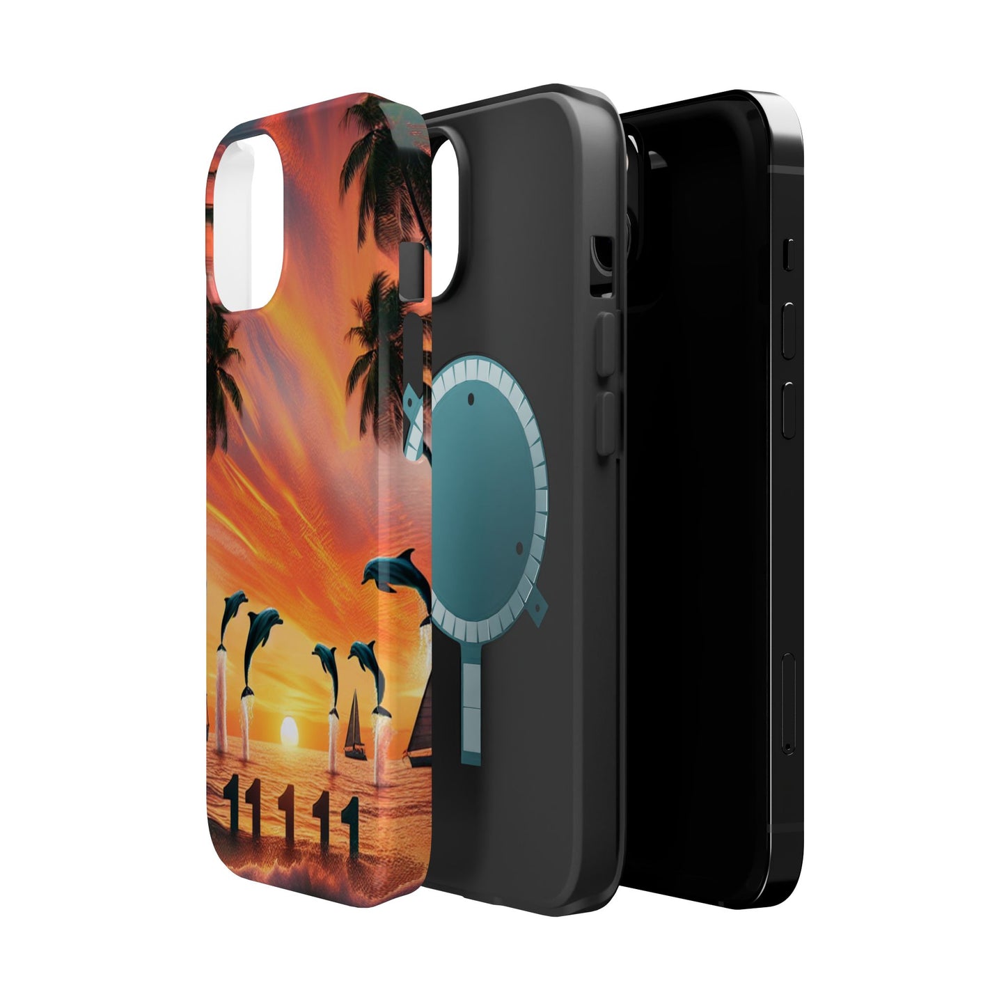 Magnetic Tough Phone case for phone 16 15 14 13 Pro Plus and Max 11111 "Tropical Serenity: Sundown Symphony" - Tough Phone Case with Tropical Beach Sunset Dolphins ande Sailboats HD Art