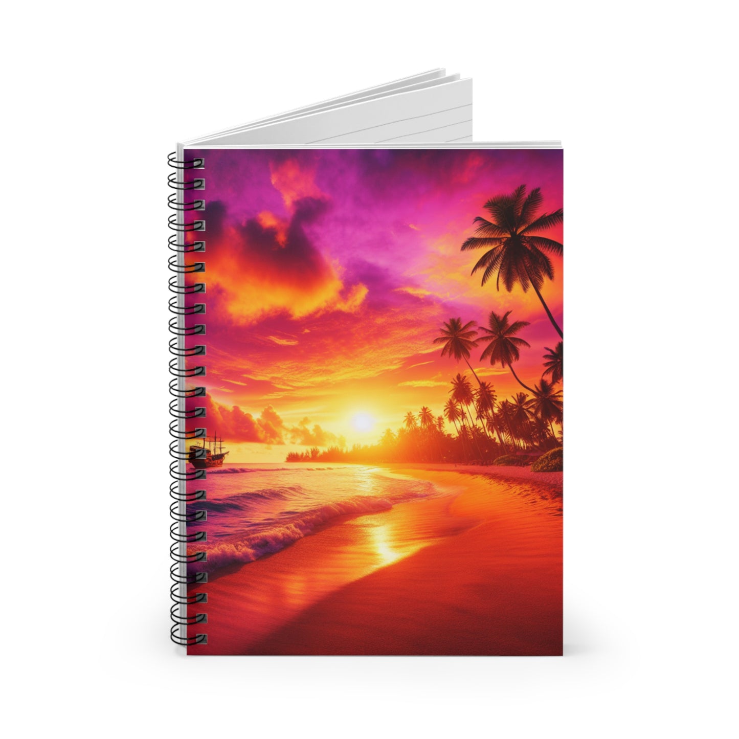 "Tropical Serenade at Sunset" - Spiral Notebook with Ruled Lines and Tropical Beach Sunset Palm Trees Art