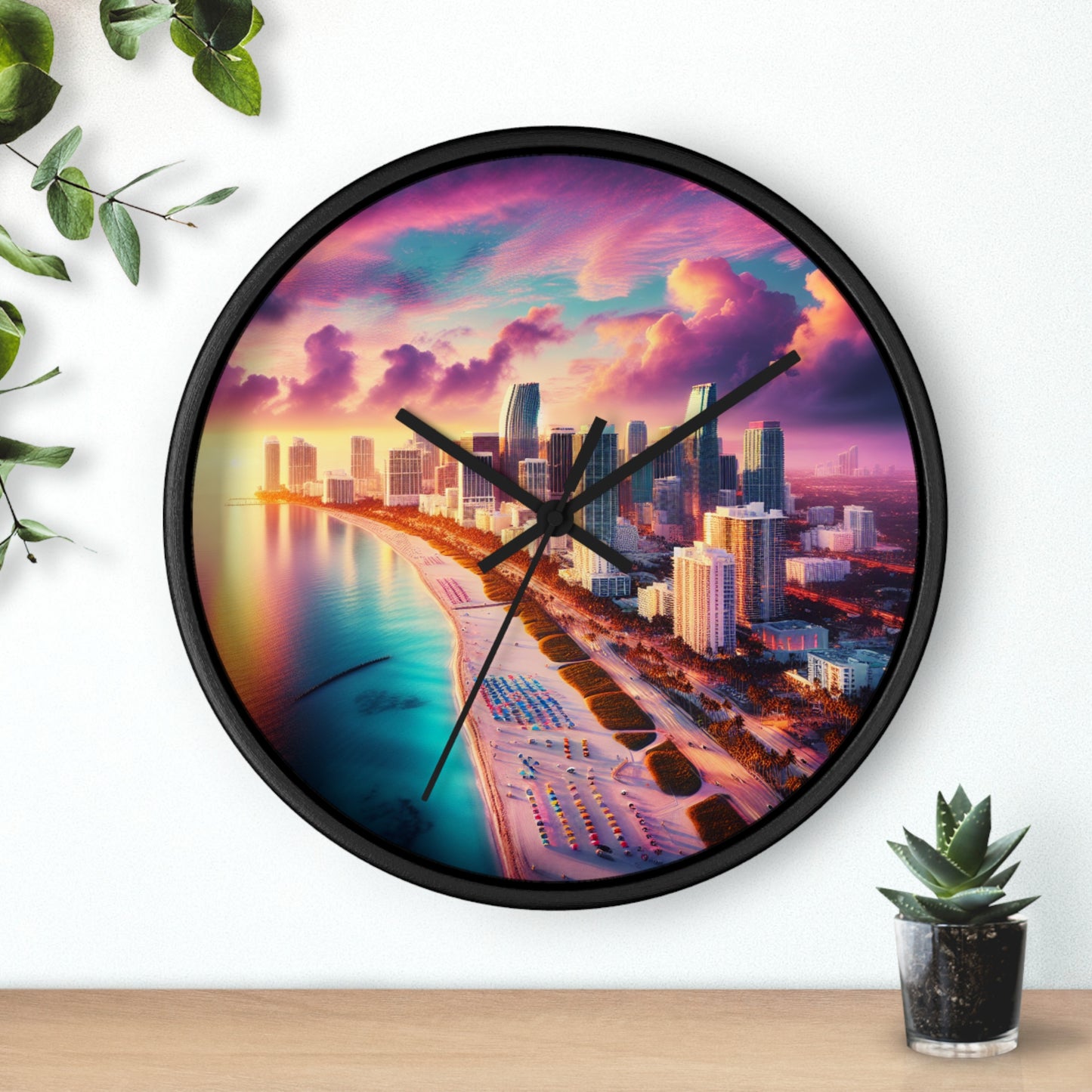 Miami Beach Skyline at Pastel Sunset Wall Art Clock