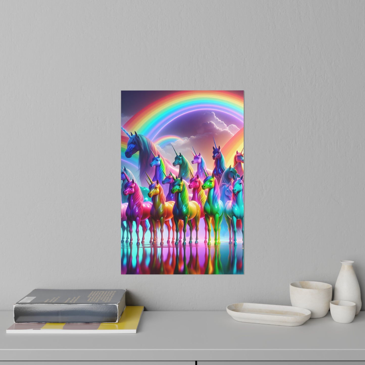 Whimsical NEON Unicorns in Rainbows Repositionable Wall Art Decals