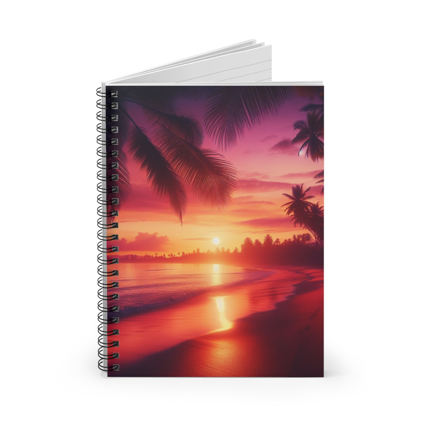 "Tropical Tranquility: Sundown by the Palms" - Spiral Notebook with Ruled Lines and Tropical Beach Sunset Palm Trees Art