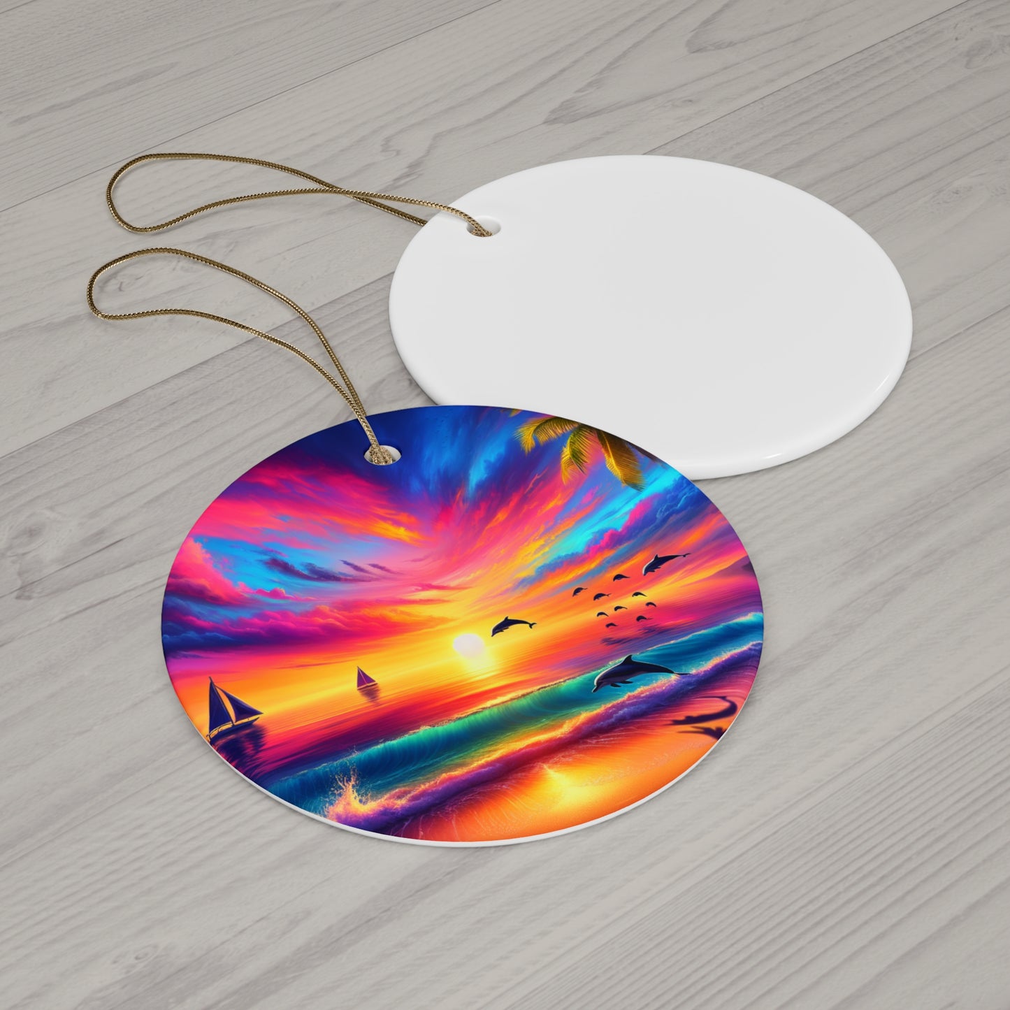 Ceramic Ornament - Tropical Beach Sunset Star, Heart, Snowflake, Circle, Dolphins, Sailboats - Holiday Christmas Tree Decoration, Gift for