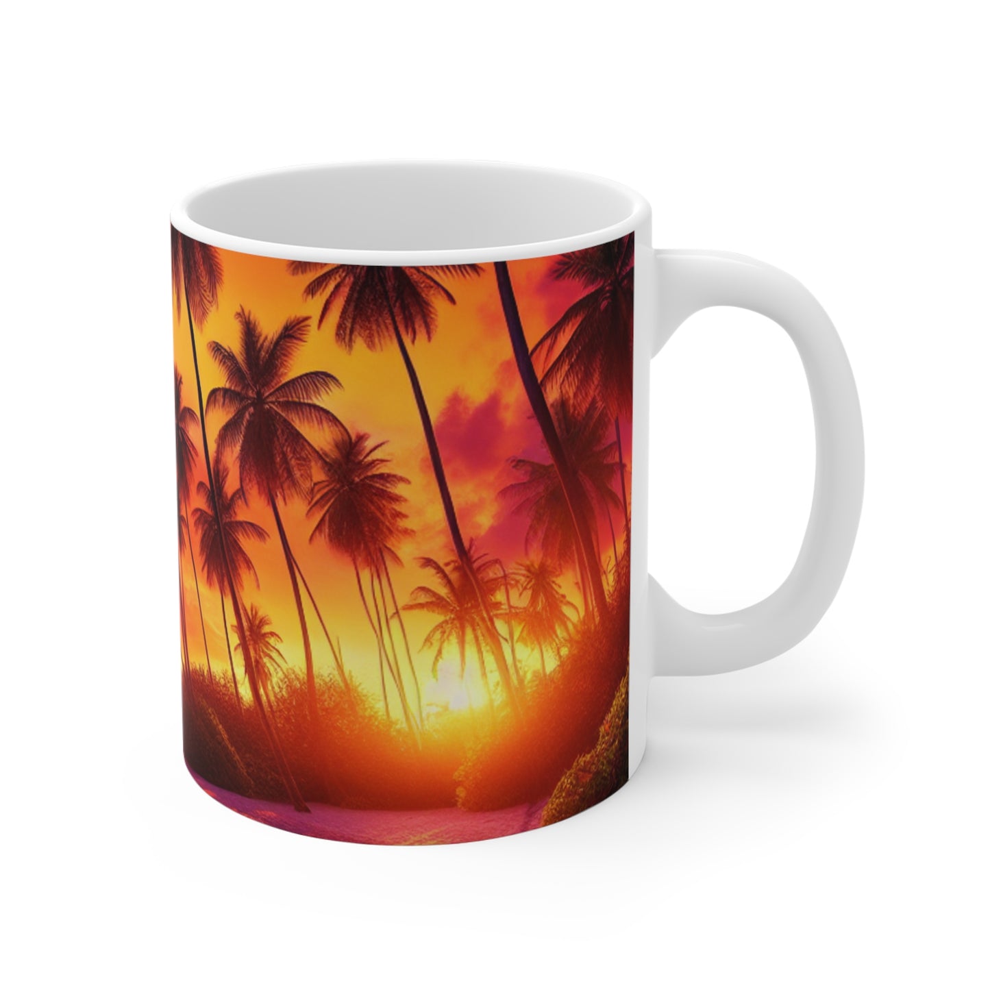 "Tropical Dusk Serenade" - Tropical Beach Sunset with Palm Trees 11oz White Mugs