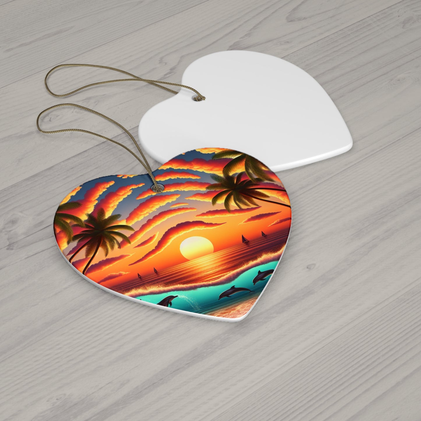 Ceramic Ornament, Tropical Beach Sunset, Star Heart Snowflake Circle, Paradise Embrace, Dolphins Sailboats Palm Trees, Christmas Tree