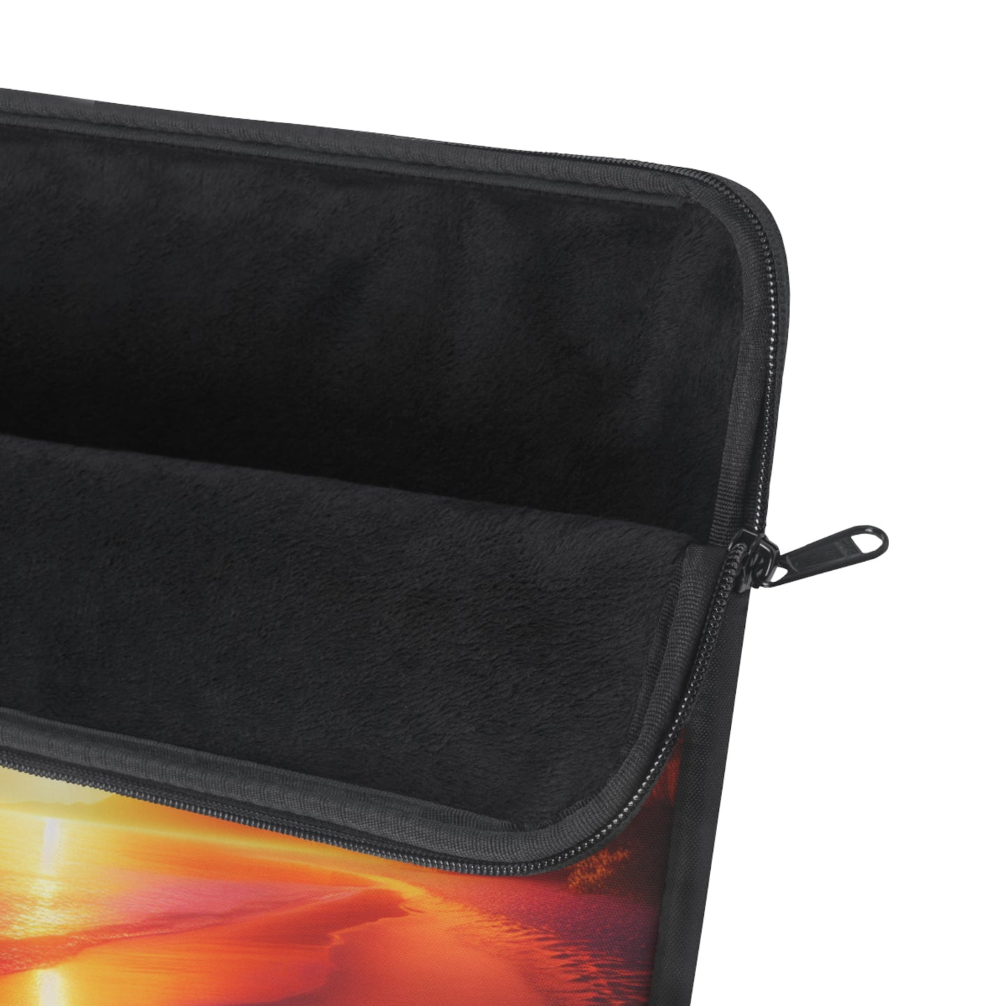 "Serenity Sands: A Tropical Twilight Tapestry" - Laptop Sleeve with Tropical Beach Sunset with Palm Trees Art