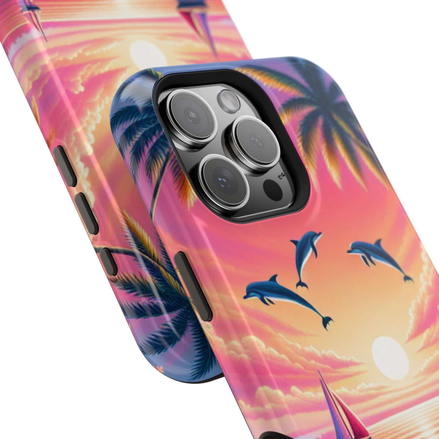 Magnetic Iphone 16 15 14 13 Pro and Max "Sunset Serenity: Tropical Paradise" - Tough Phone Case with Tropical Beach Sunset Dolphins ande Sailboats HD Art