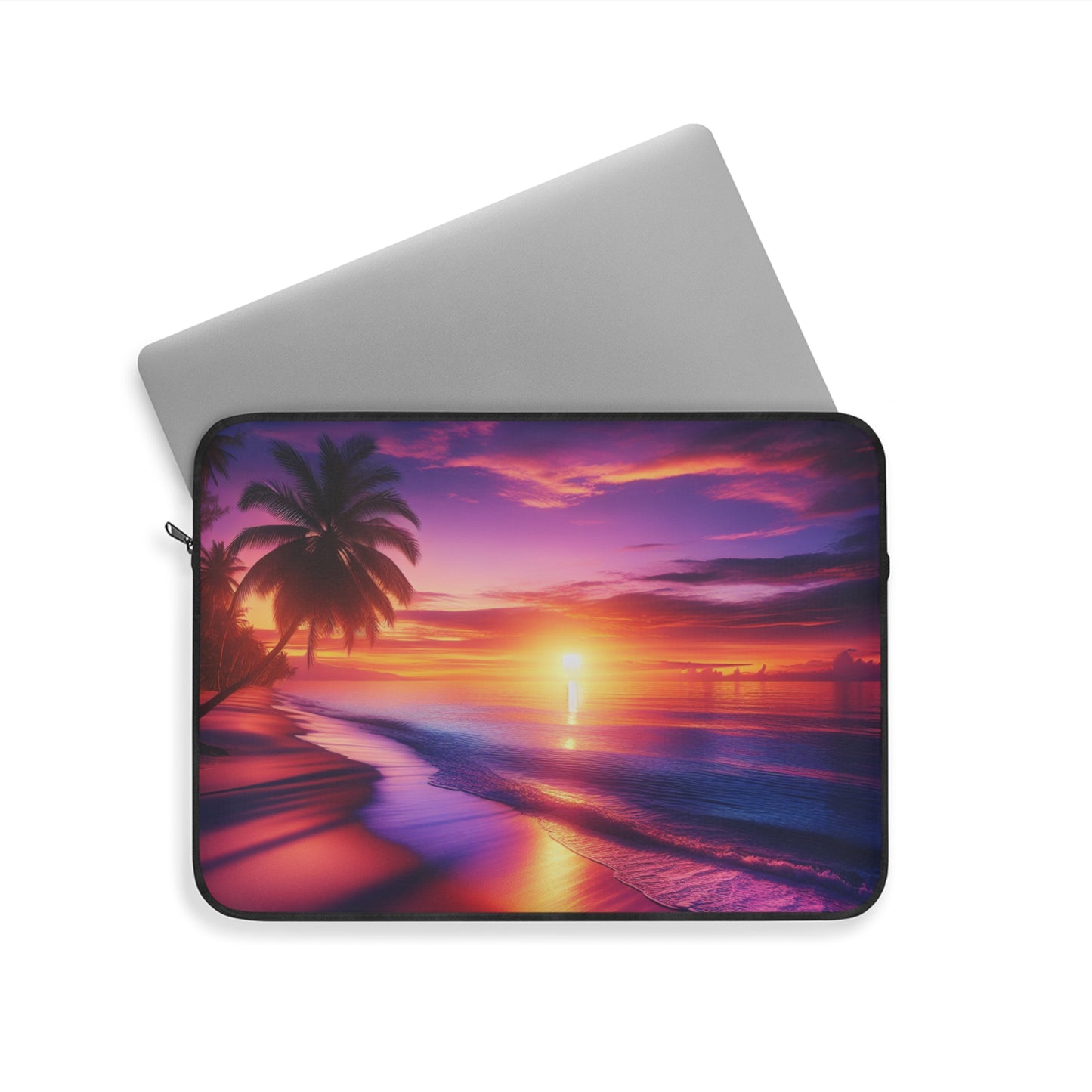 "Paradise Dusk: An Island Sunset Symphony" - Laptop Sleeve with Tropical Beach Sunset with Palm Trees Art