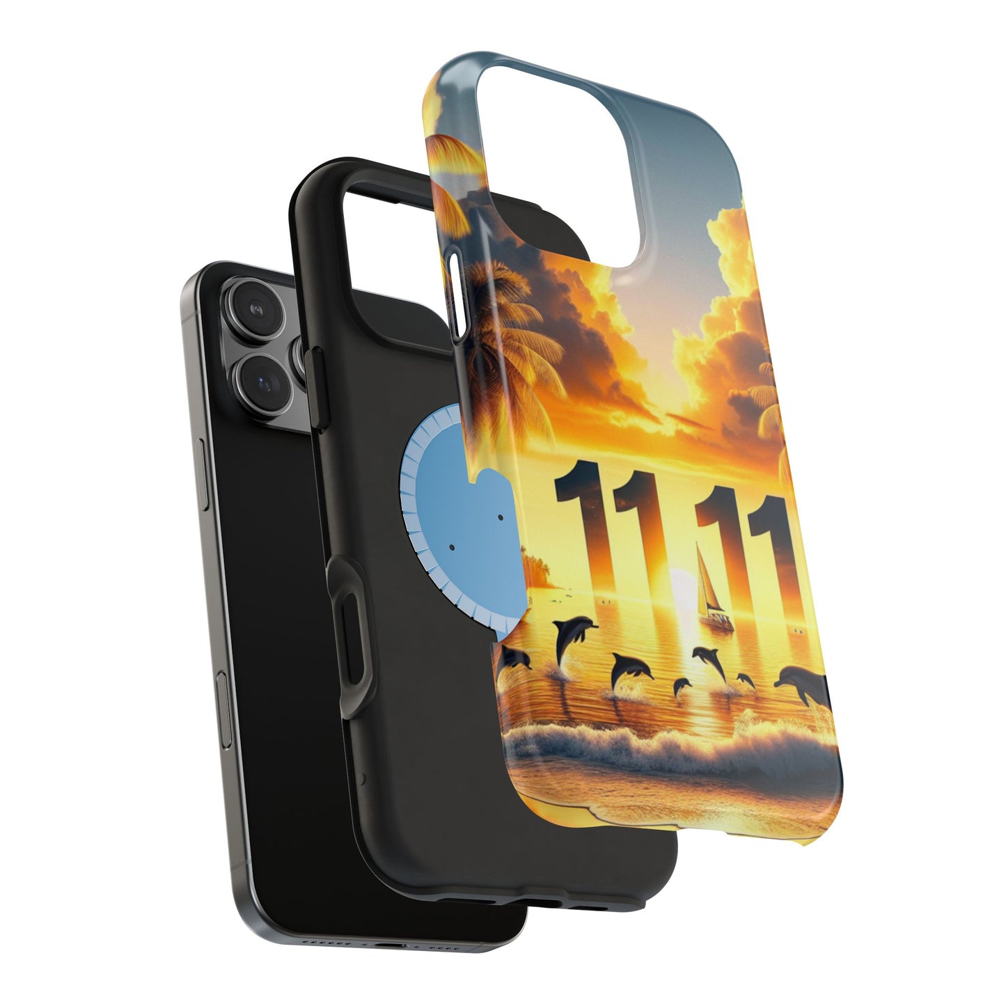 Magnetic Iphone 16 15 14 13 Pro and Max 1111 "Paradise Sunset: An Enchanted Tropical Reverie" - Tough Phone Case with Tropical Beach Sunset Dolphins ande Sailboats HD Art