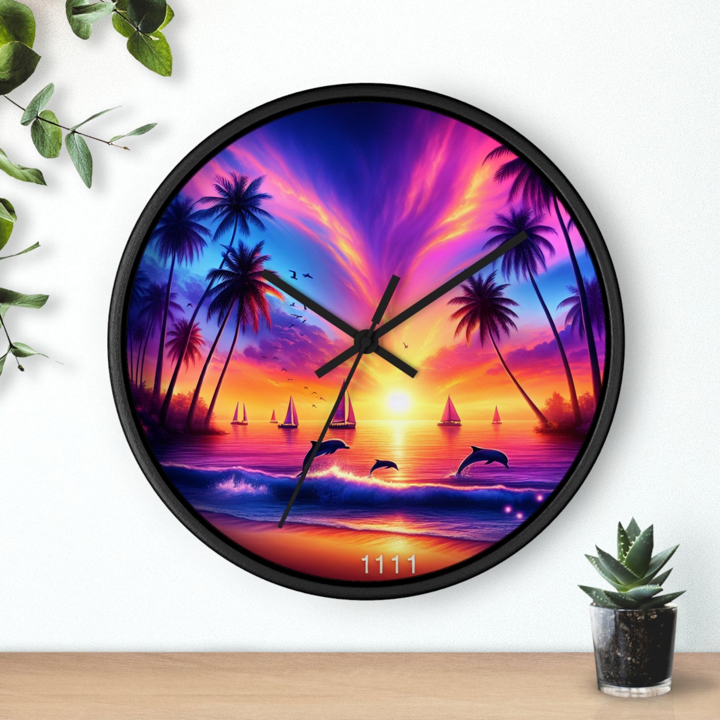 10" Wall Clock "Dolphin Serenade at Dusk: A Tropical Sundown Symphony" - 1111 Tropical Beach at Sunset with Palm Trees, Dolphins, and Sailboats