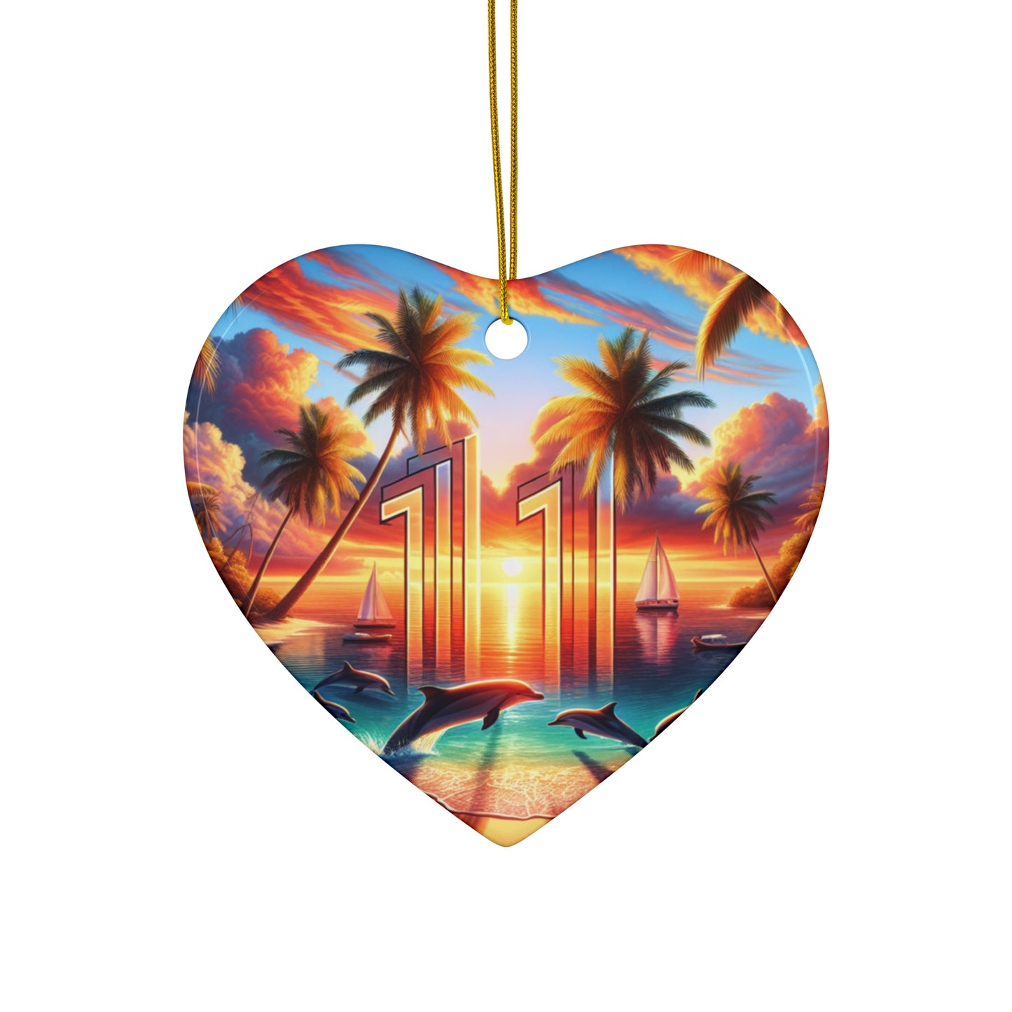 Ceramic Ornament Star, Heart, Snowflake or Circle 1111 "Paradise Twilight: Tropical Beach Serenade" - Tropical Beach Sunset with Palm Trees