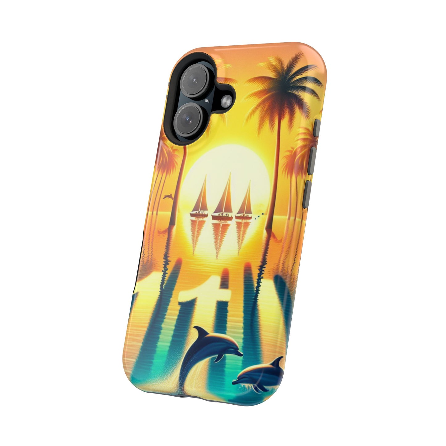 Magnetic Tough Phone case for phone 16 15 14 13 Pro Plus and Max 1111 "Sundrenched Serenity: A Tropical Twilight Masterpiece" - Tough Phone Case with Tropical Beach Sunset Dolphins ande Sailboats HD Art