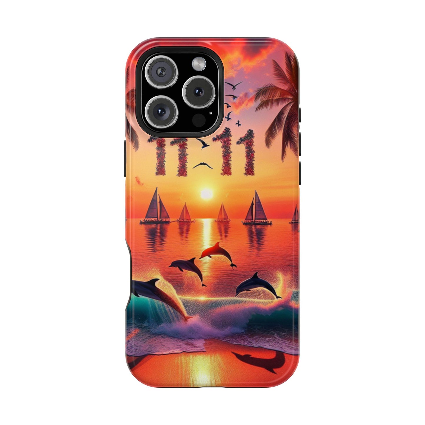 Magnetic Tough Phone case for phone 16 15 14 13 Pro Plus and Max 1111 "Sundrenched Serenity: A Tropical Twilight Masterpiece" - Tough Phone Case with Tropical Beach Sunset Dolphins ande Sailboats HD Art