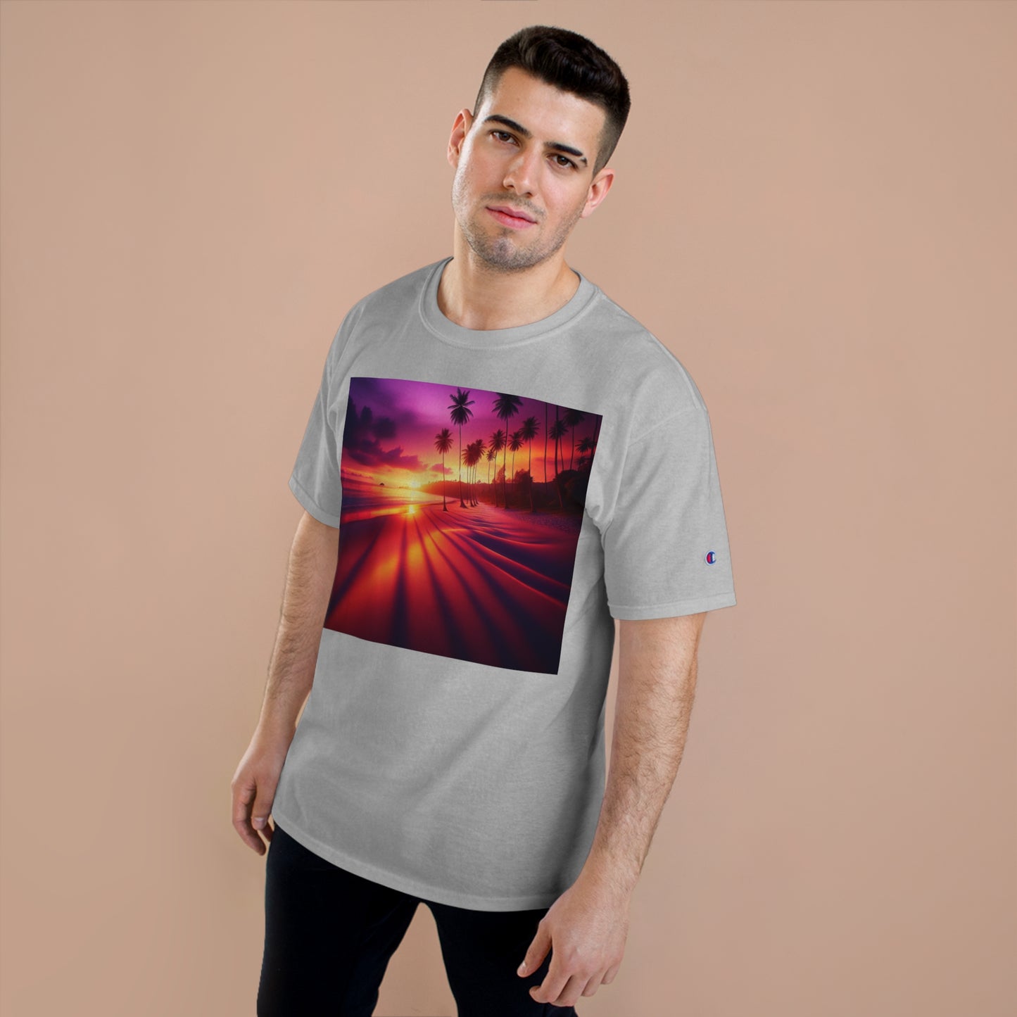 "Palms Embrace the Sun: A Tropical Twilight Symphony" - Champion Tee Tropical Beach Sunset with Palm Trees