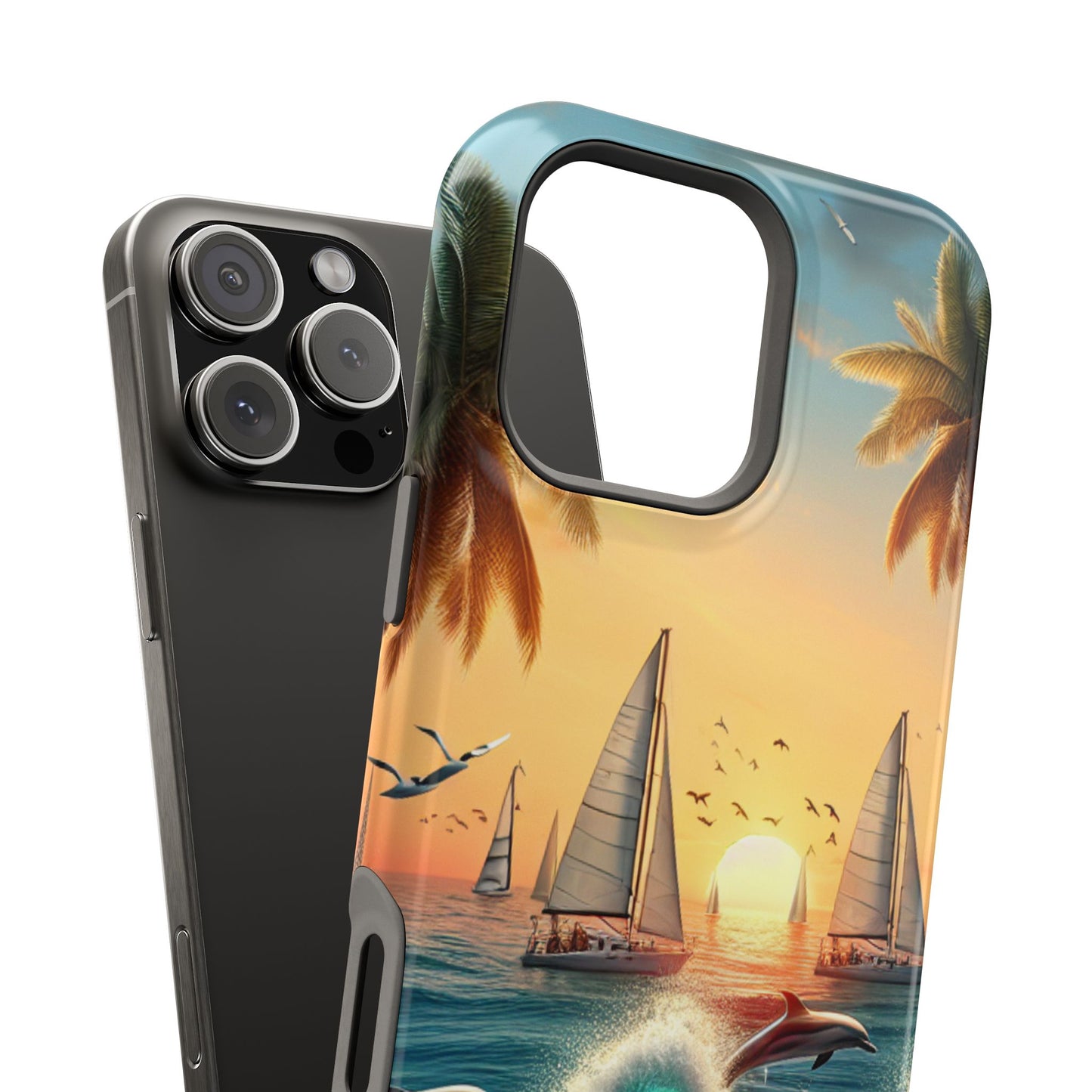 Phone Case, Magnetic Tough Cases, Sundrenched Serenity, Iphone 13-16 Pro Plus & Max, Beach Sunset Dolphins Sailboats HD Art,