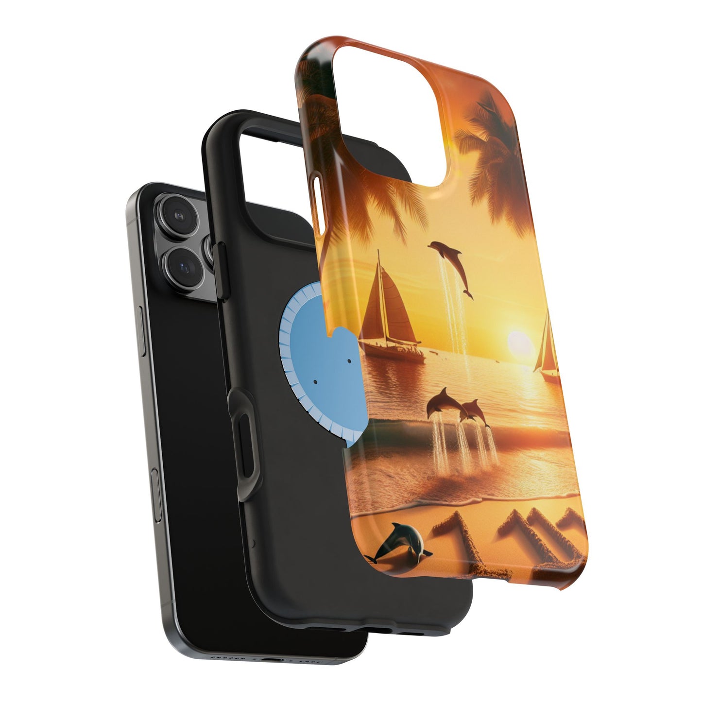 Magnetic Tough Phone case for phone 16 15 14 13 Pro Plus and Max 1111 "Sundrenched Palms: A Tropical Twilight Masterpiece" - Tough Phone Case with Tropical Beach Sunset Dolphins ande Sailboats HD Art