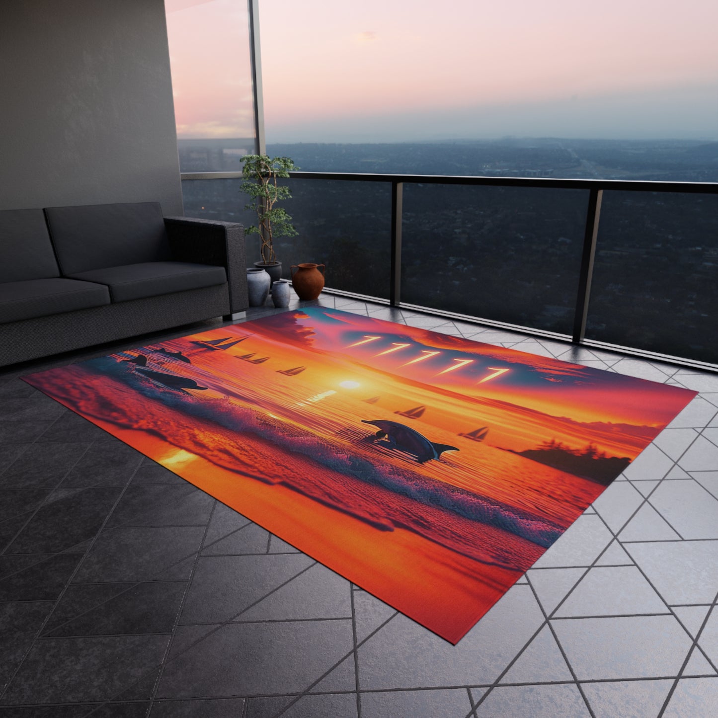Tropical Beach Sunset with Dolphins, Sailboats and Angel number 11111 in the sky Outdoor Rug