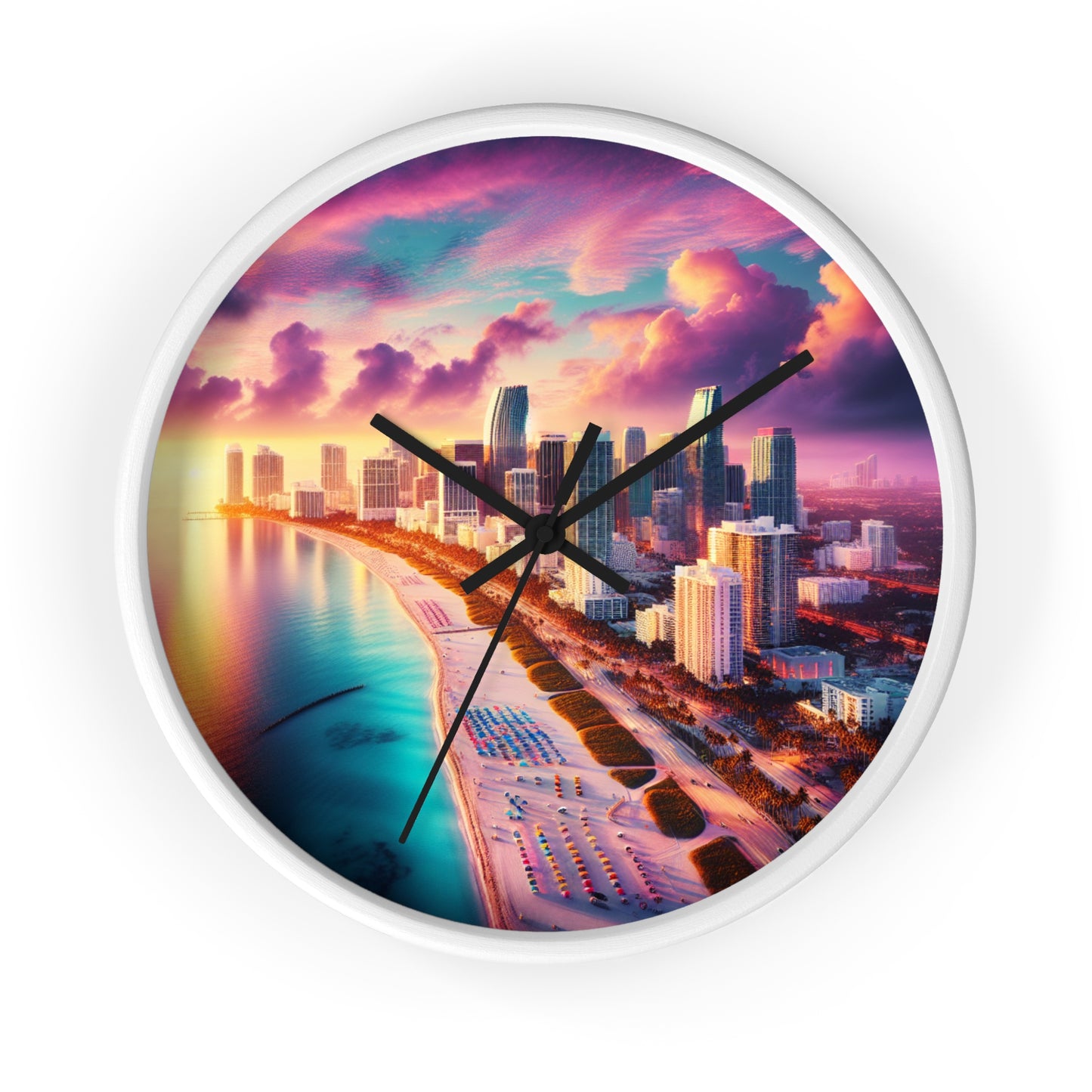 Miami Beach Skyline at Pastel Sunset Wall Art Clock
