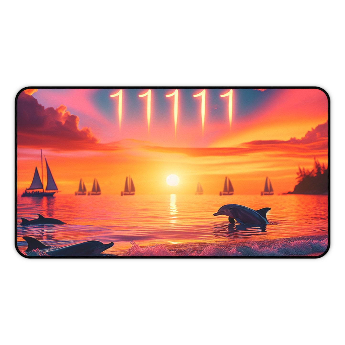 Desk Mat, Tropical Beach Sunset Dolphins Sailboats Angel Number 11111 Positive Mindset Reminder, Ocean Seaside Hanging Art, Spiritual Journey
