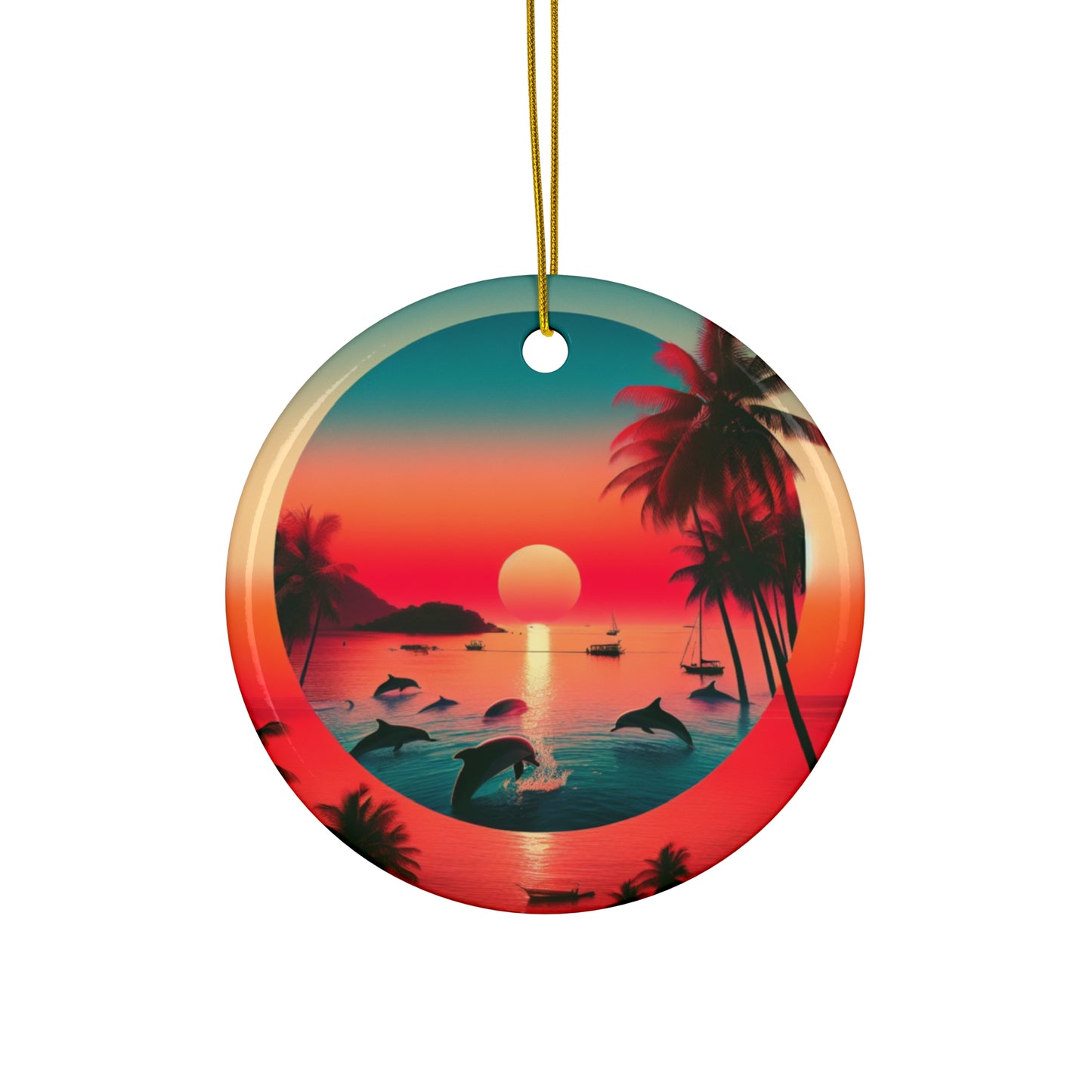 Ceramic Ornament Star, Heart, Snowflake or Circle 1111 "Paradise Solstice: An Enchanting Tropical Twilight" - Tropical Beach Sunset with Palm Trees, Dolphins, and Sailboats