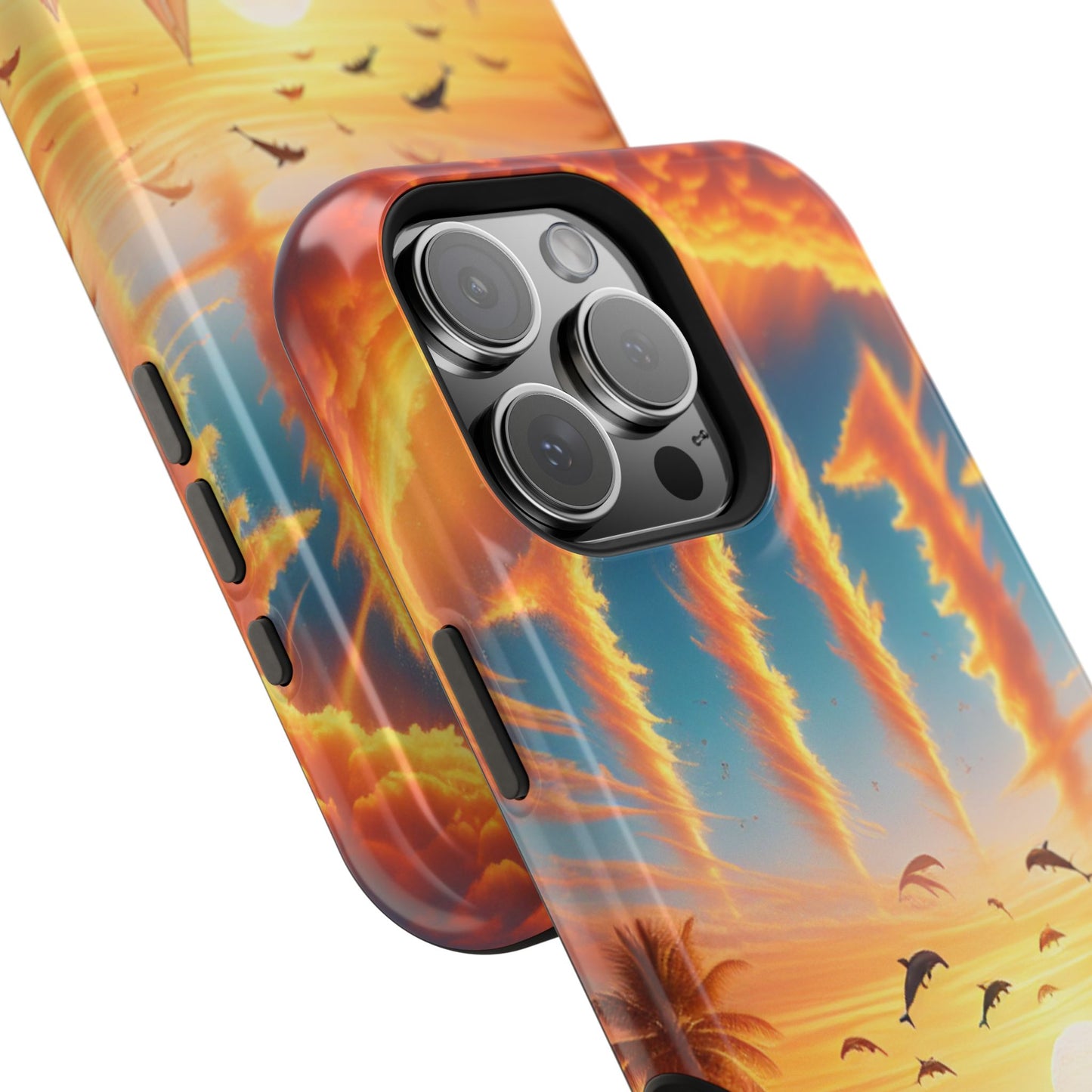 Magnetic Tough Phone case for phone 16 15 14 13 Pro Plus and Max 1111 "Paradise Serenade: Tropical Twilight Symphony" - Tough Phone Case with Tropical Beach Sunset Dolphins ande Sailboats HD Art