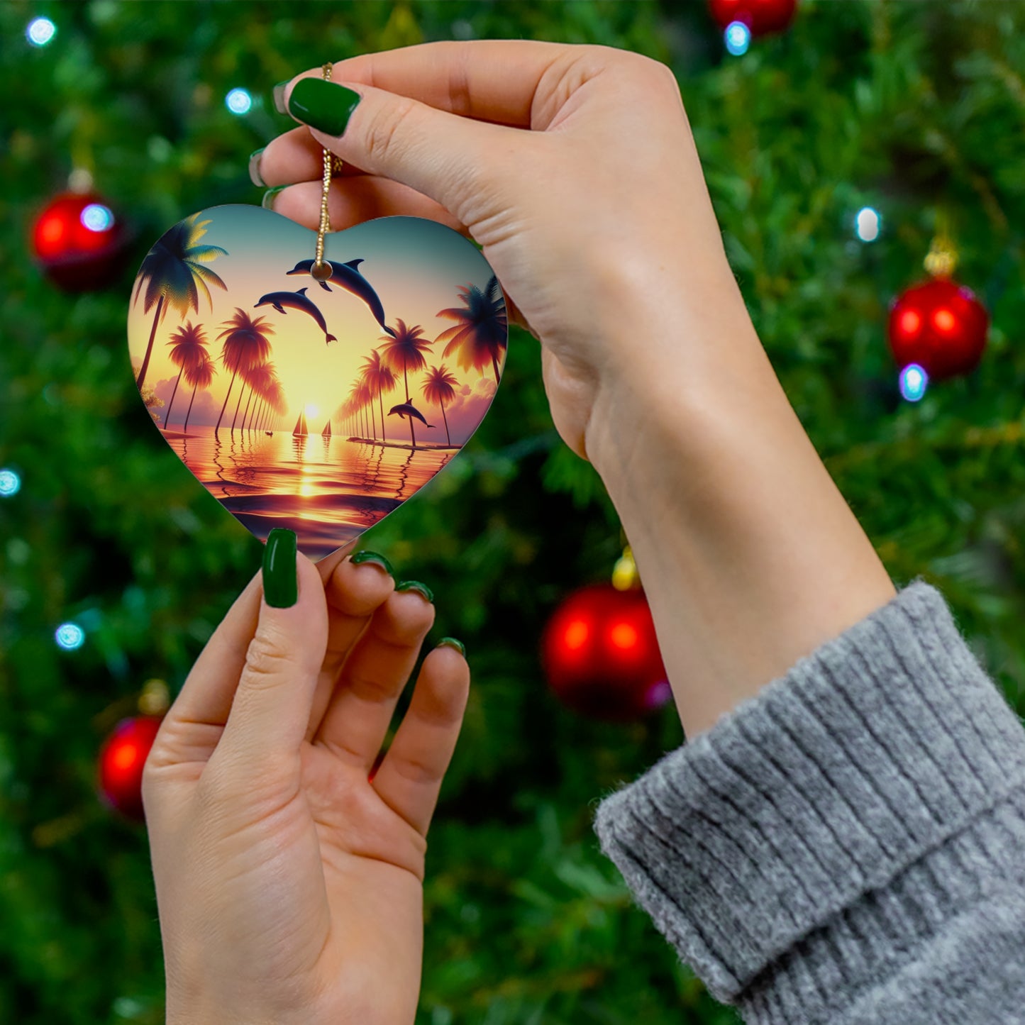 Ceramic Ornament, Tropical Beach Sunset, Star, Heart, Snowflake, Circle, Christmas Decor, Holiday Gift, Home Decor