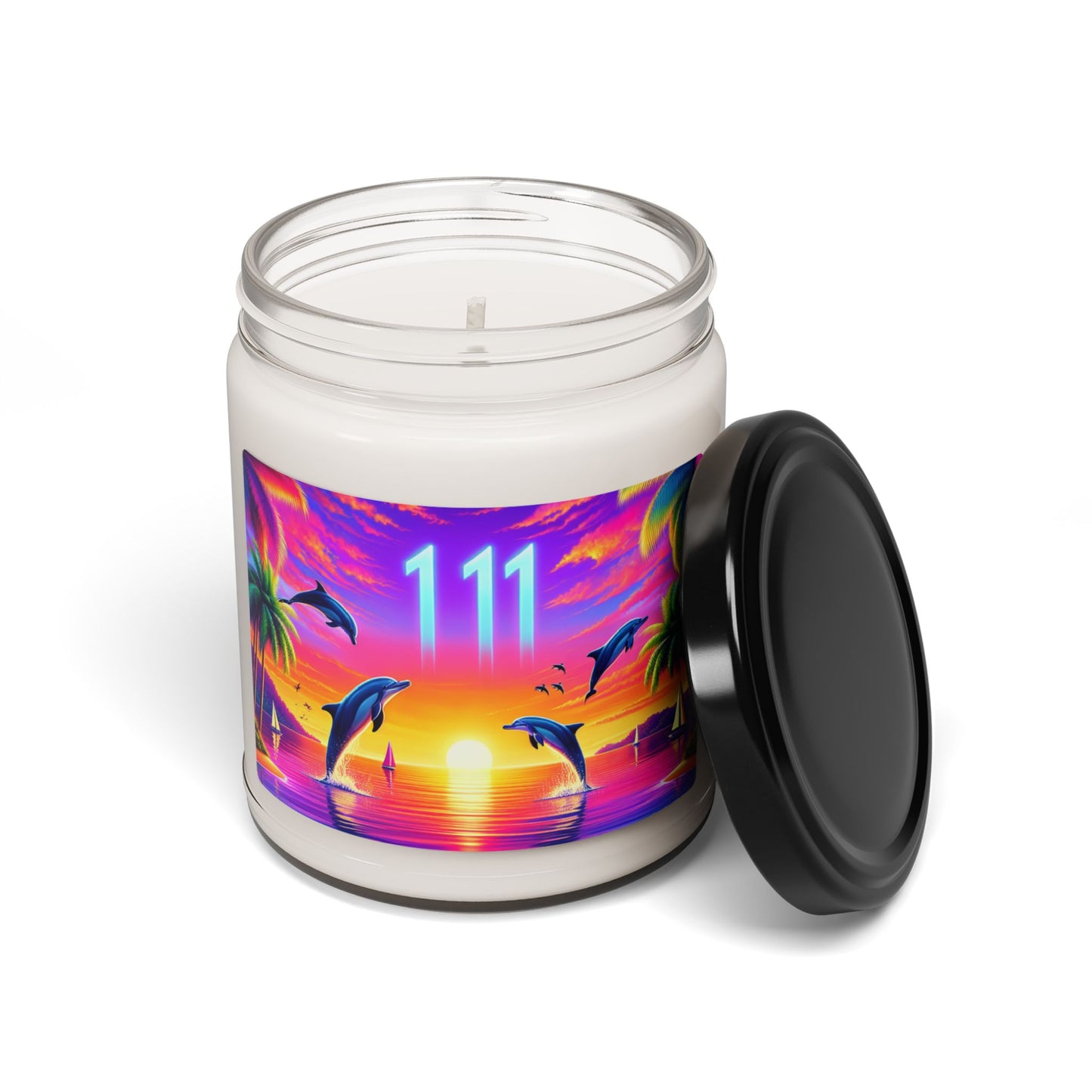 Scented Candle 9 Flavors "Dolphin Dusk: Paradise Shores Sunset Symphony" - 1111 Tropical Beach Sunset with Palm Trees, Dolphins, and Sailboats Art