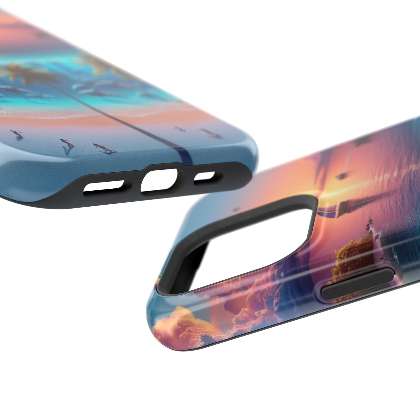 Magnetic Tough Phone case for phone 16 15 14 13 Pro Plus and Max "Sunset Serenity: A Tropical Solitude" - Tough Phone Case with Tropical Beach Sunset Dolphins ande Sailboats HD Art