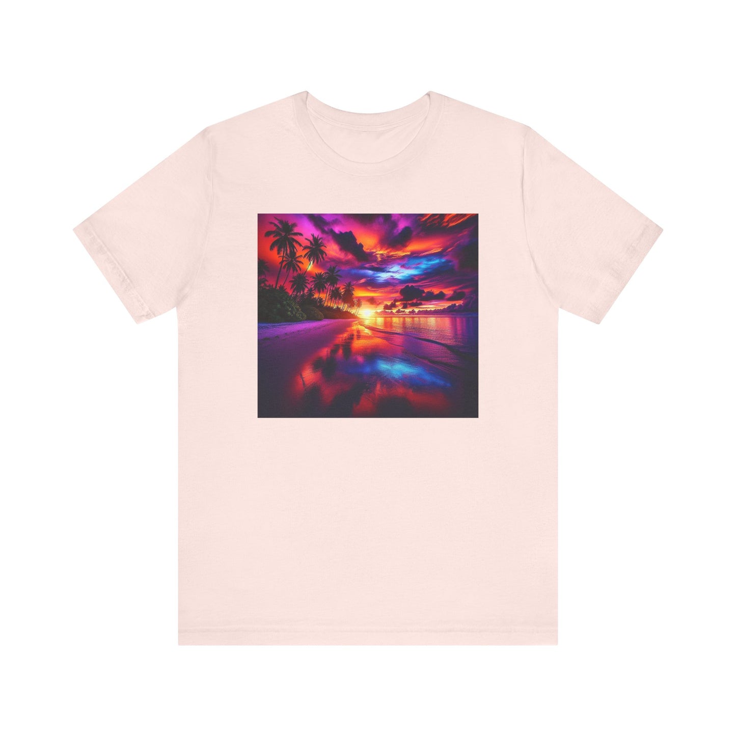 "Paradise Serenity: A Tropical Sunset Symphony" - Tropical Beach Sunset with Palm Trees Unisex Jersey Tee