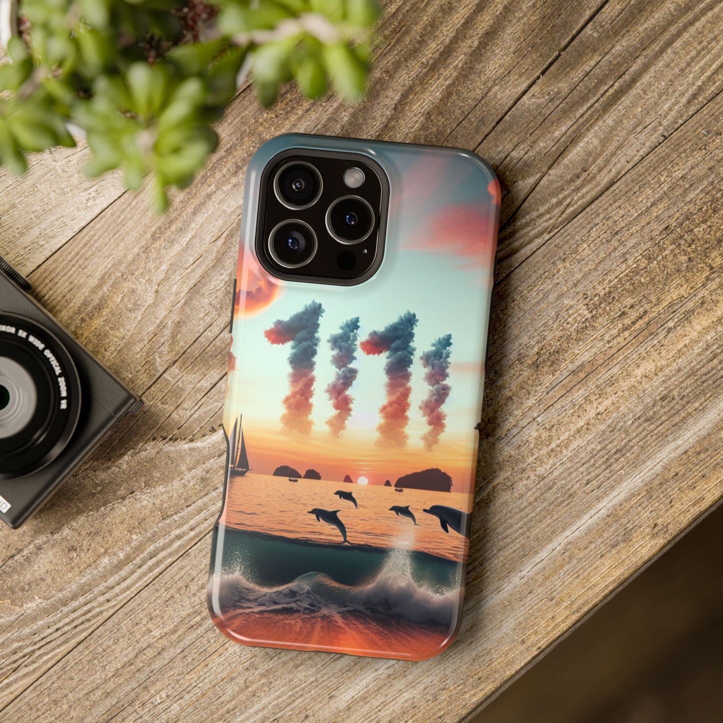 Magnetic Iphone 16 15 14 13 Pro and Max Angel number 1111 in the clouds "Sundrenched Serenity: A Tropical Twilight Symphony" - Tough Phone Case with Tropical Beach Sunset Dolphins ande Sailboats HD Art