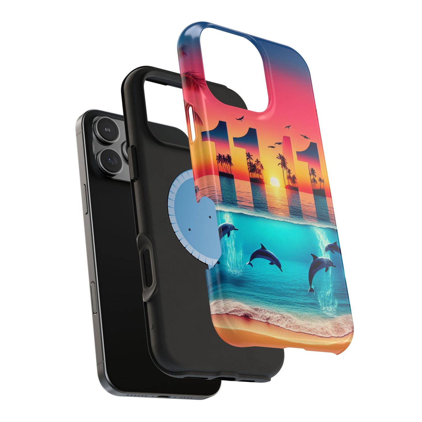 Magnetic Phone Cases, Tropical Sunset Symphony Tough Case for iPhone, Beach Dolphin Sailboat Art, Max Pro 13-16, Paradise Unveiled