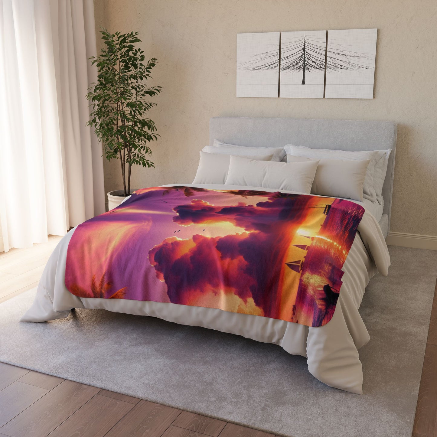 Sherpa Fleece Blanket 1111 "Divine Serenity: A Tropical 1111 Angelic Twilight Symphony" - with Tropical Beach Sunset, Palm Trees, Dolphins, and Sailboats