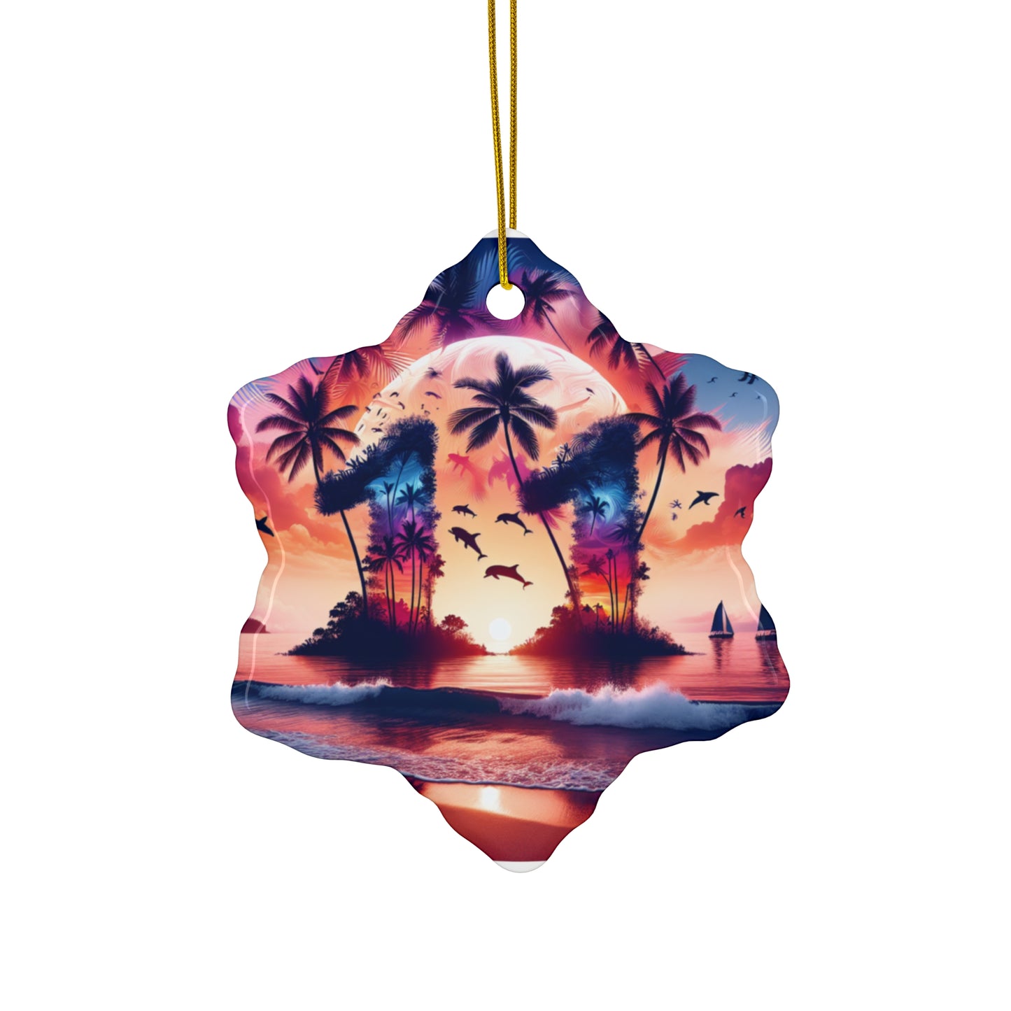 Ceramic Ornament Star, Heart, Snowflake or Circle 1111 "Paradise Dusk: A Tropical Serenity" - Tropical Beach Sunset with Palm Trees, Dolphins, and Sailboats