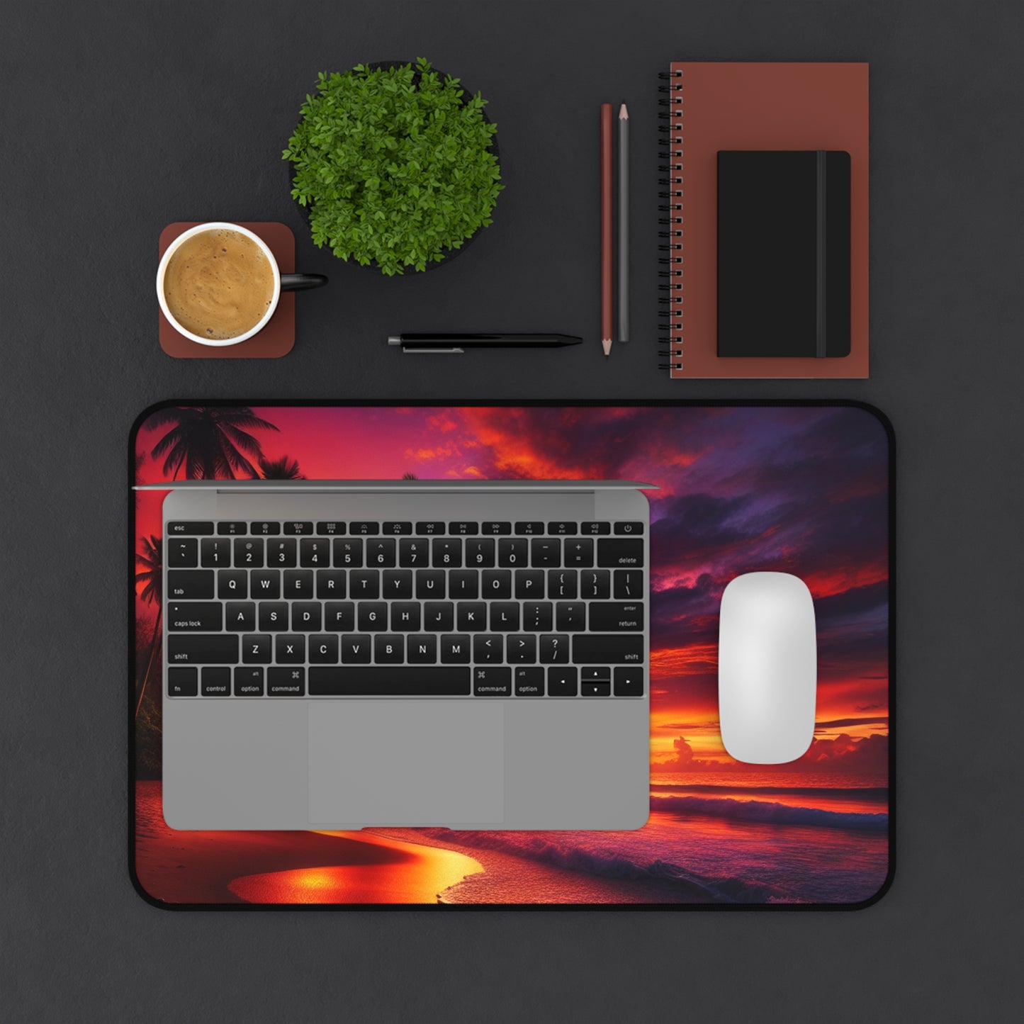 "Serenity Sands: A Tropical Twilight Symphony" - Computer Desk Mat with Vivid Tropical Beach Sunset and Palm Trees Vibes