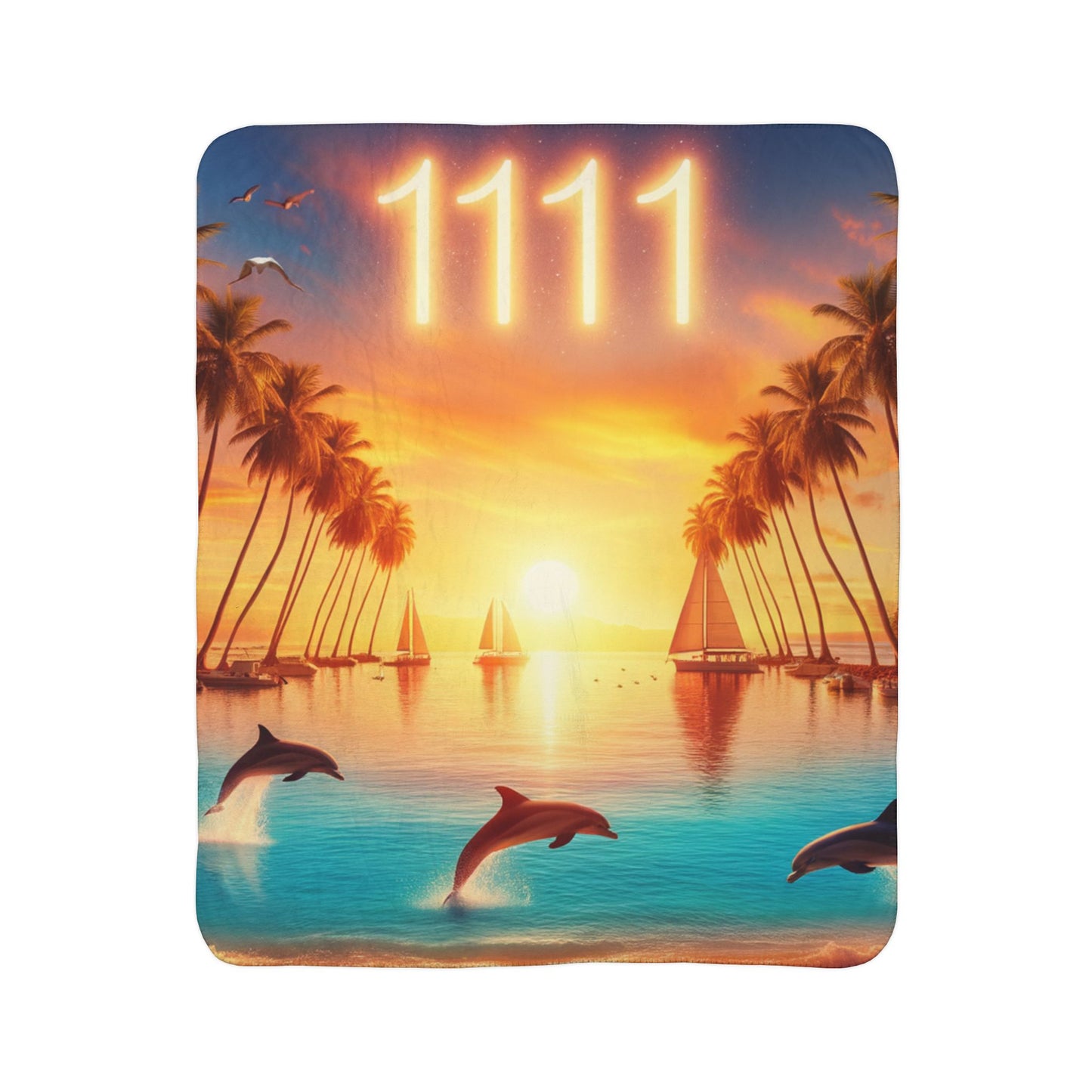 Sherpa Fleece Blanket 1111 "Serene Paradise: An Angelic Symphony at 1111 Sunset" - with Tropical Beach Sunset, Palm Trees, Dolphins, and Sailboats
