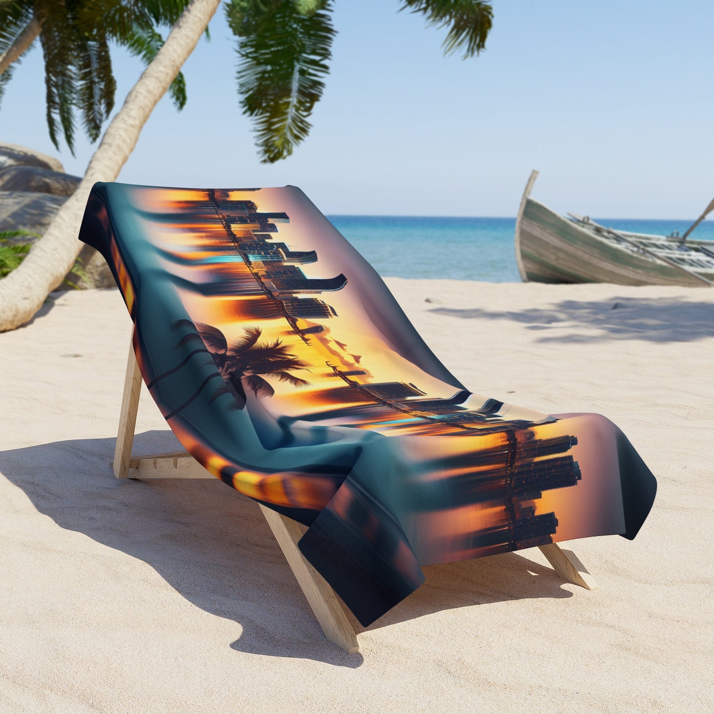 Miami Sunset City Lights and Ocean Reflection Mirror Image Beach Towel