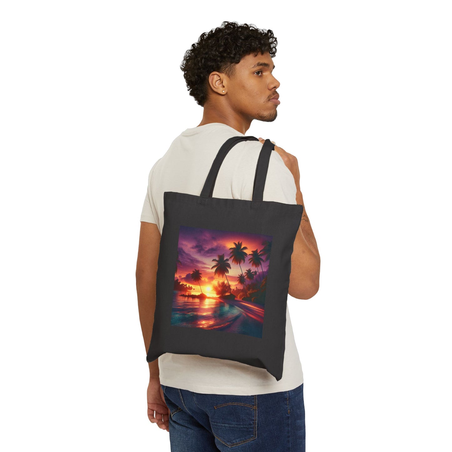 "Paradise Serenity: A Tropical Dusk Symphony" - Natural or Black Cotton Canvas Tote Bag with Tropical Beach Sunset and Palm Trees