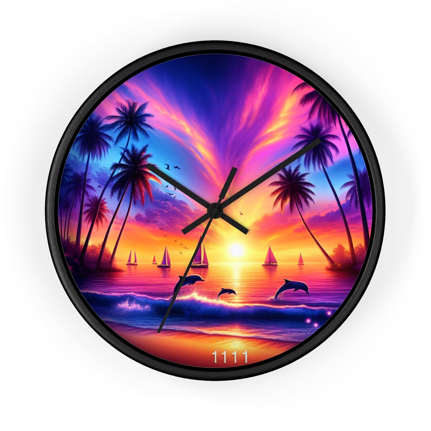 10" Wall Clock "Dolphin Serenade at Dusk: A Tropical Sundown Symphony" - 1111 Tropical Beach at Sunset with Palm Trees, Dolphins, and Sailboats