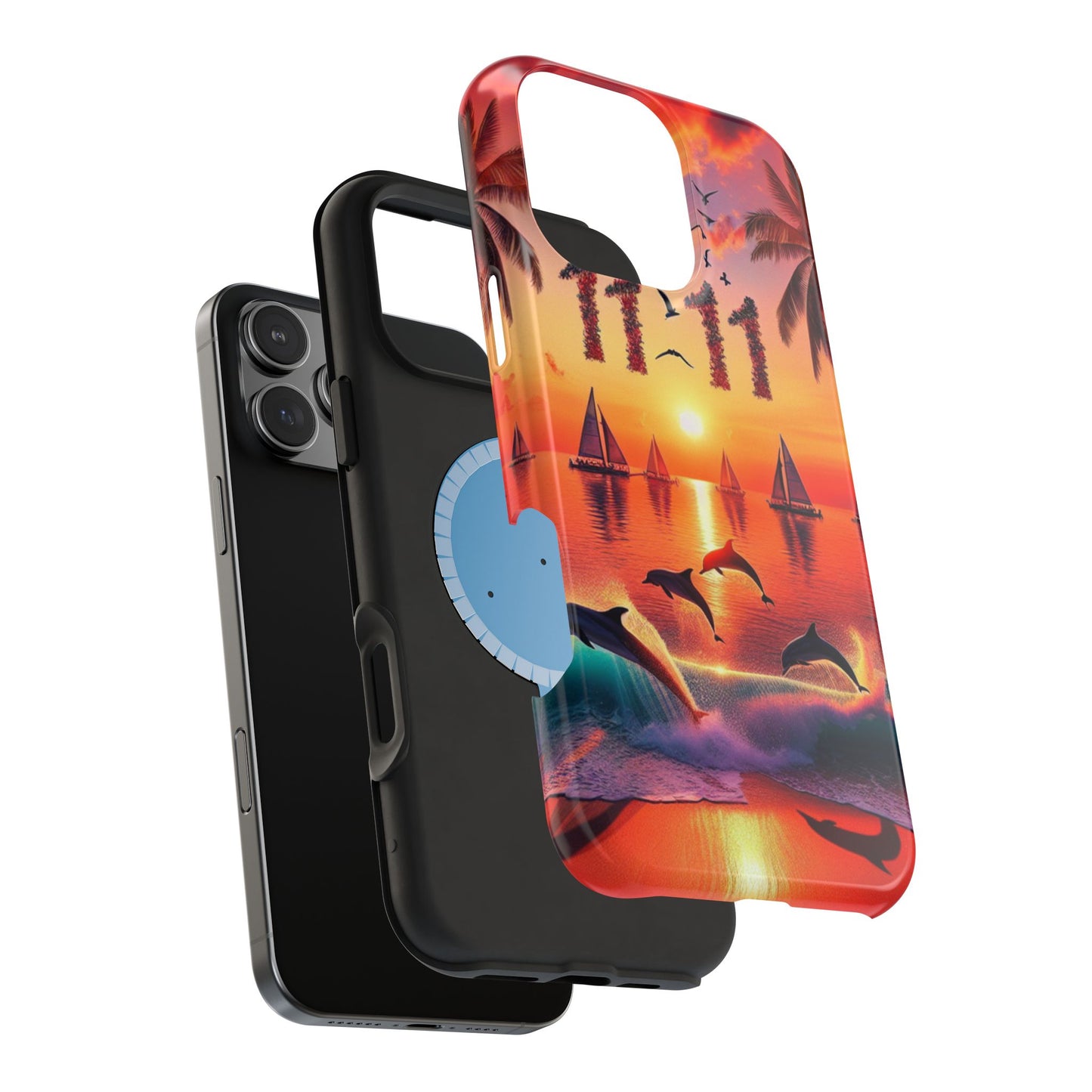 Magnetic Tough Phone case for phone 16 15 14 13 Pro Plus and Max 1111 "Sundrenched Serenity: A Tropical Twilight Masterpiece" - Tough Phone Case with Tropical Beach Sunset Dolphins ande Sailboats HD Art