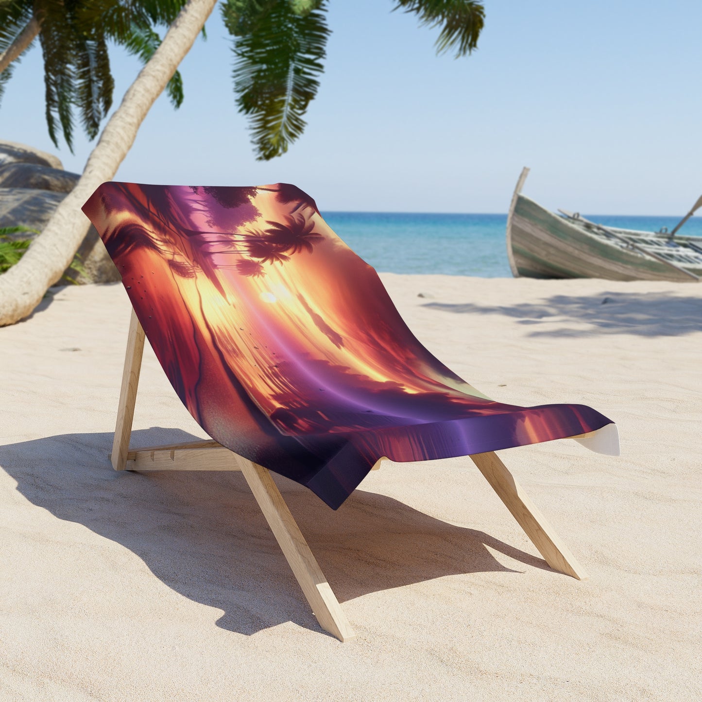 "Paradise's Palette: Tropical Sundown Serenity" - Tropical Beach Sunset with Palm Trees Beach Towel