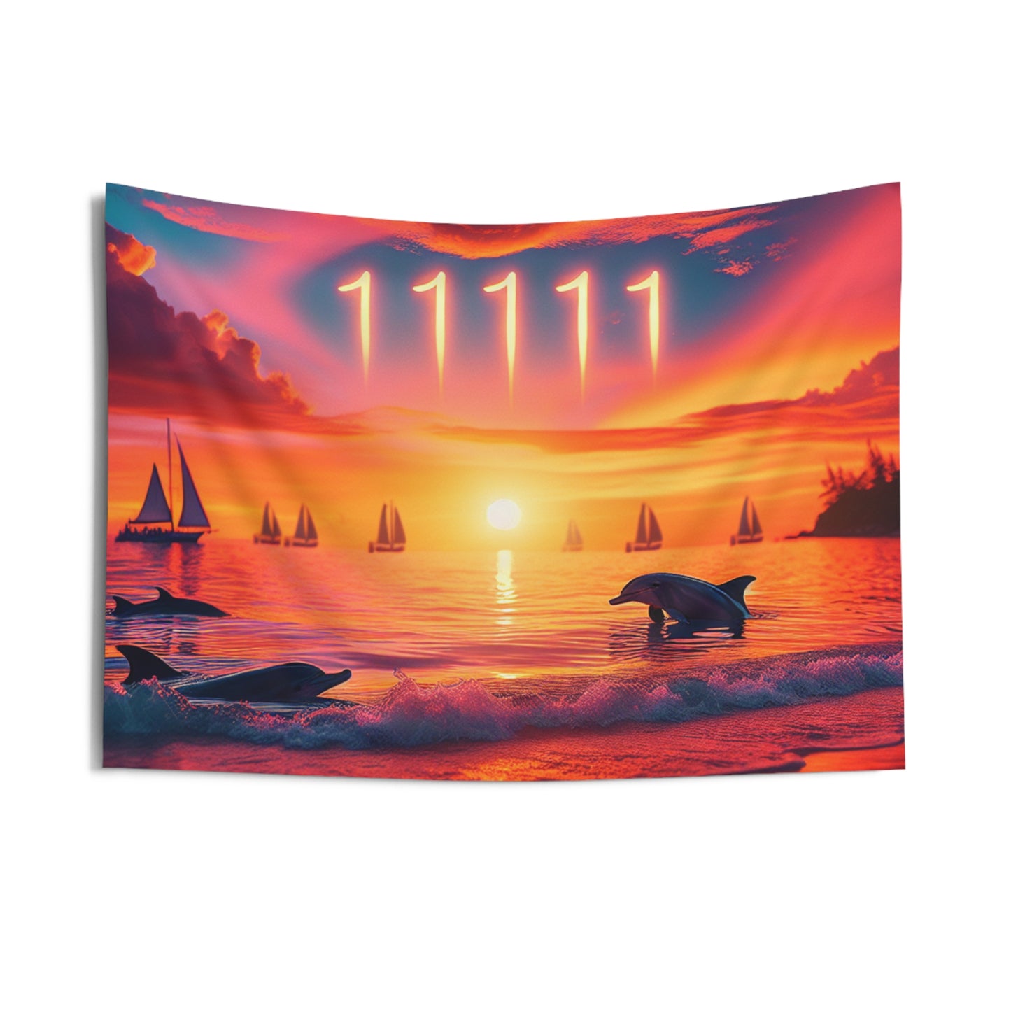 Indoor Tapestry with Tropical Beach Sunset Dolphins Sailboats Angel Number 11111, Ocean Seaside Hanging Art, Positive Mindset Reminder