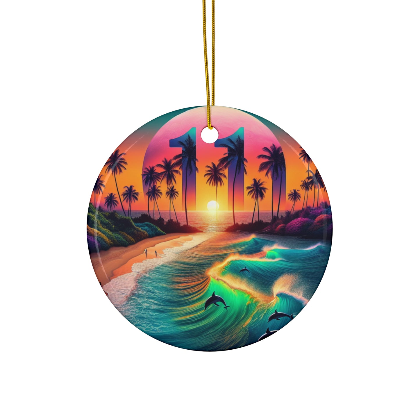 Ceramic Ornament Star, Heart, Snowflake or Circle "Twilight Tranquility: A Tropical Symphony" - Tropical Beach Sunset with Palm Trees