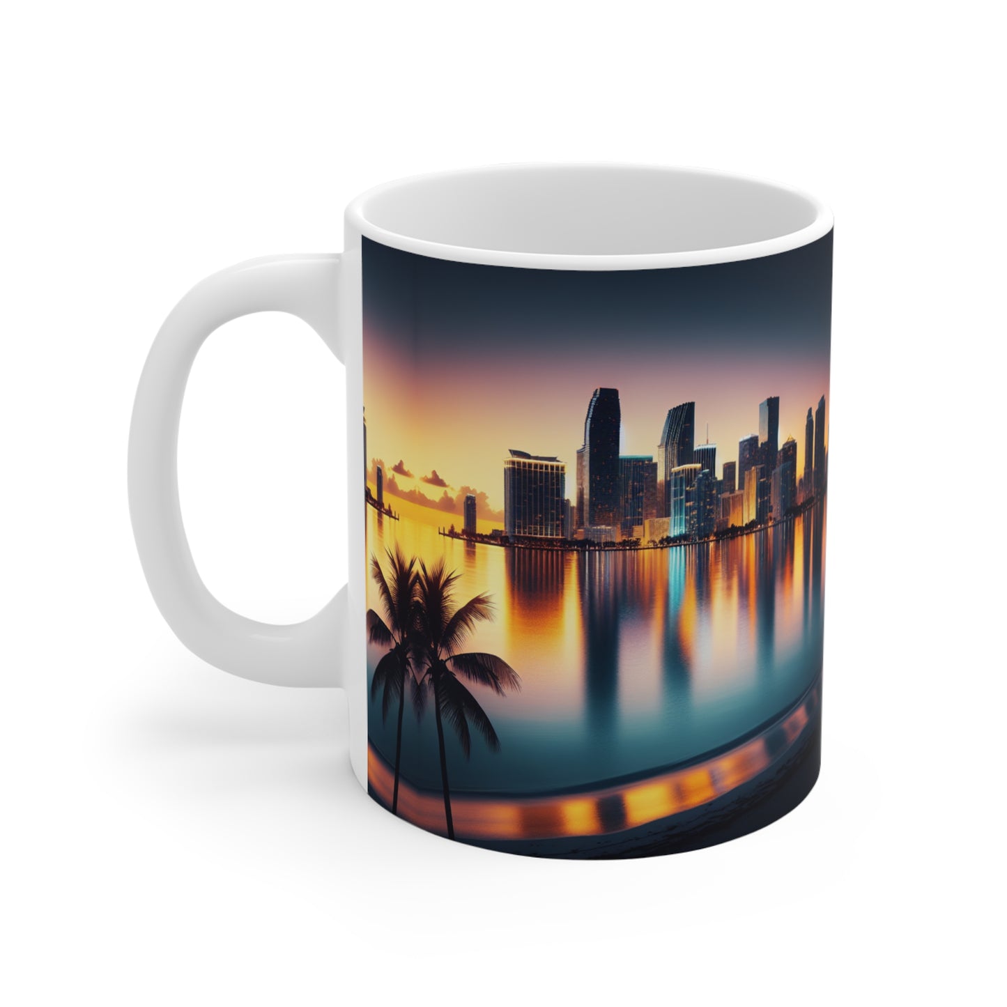 Miami Beach Ocean and City Lights Mirror Reflection at Sunset Art Mug 11oz