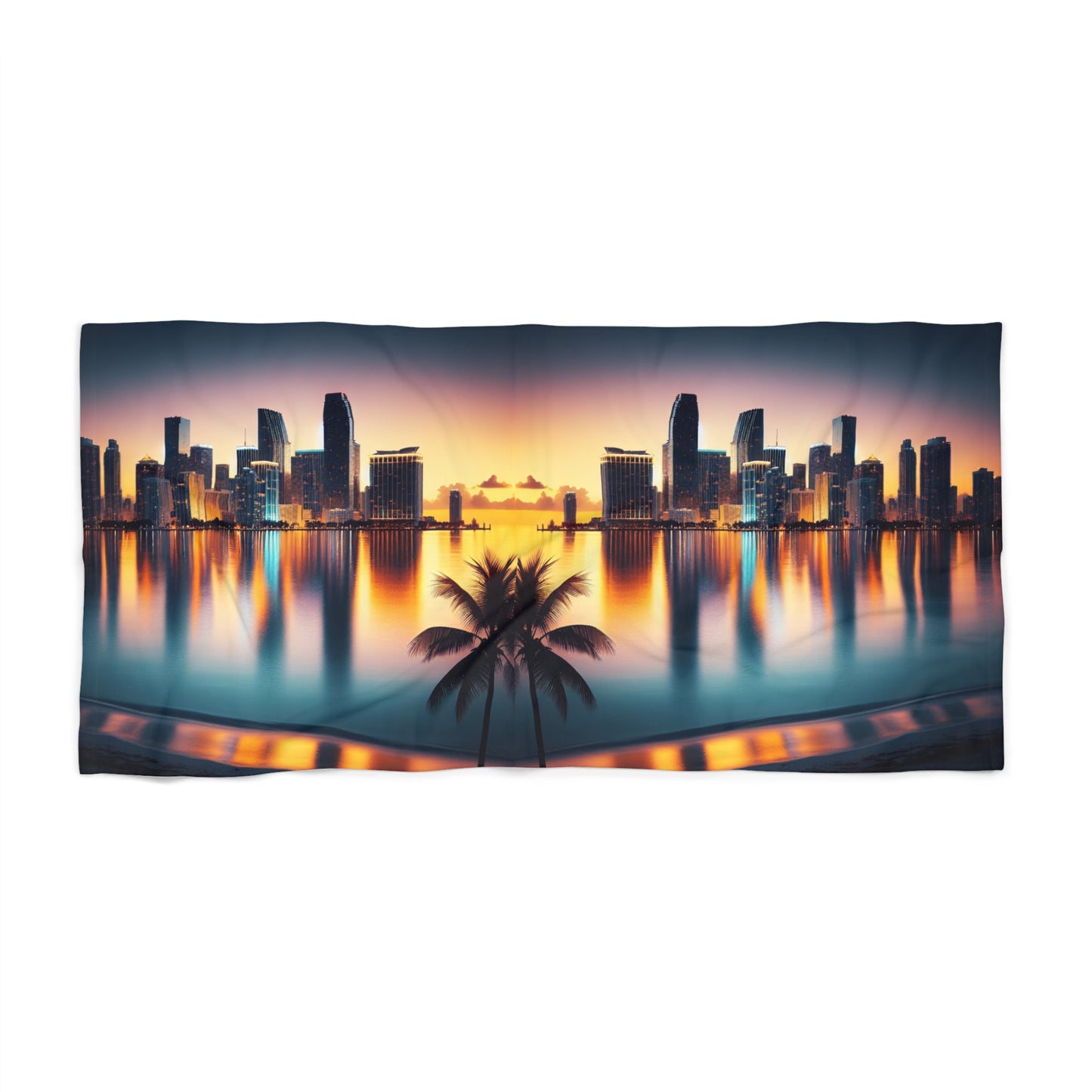 Miami Sunset City Lights and Ocean Reflection Mirror Image Beach Towel