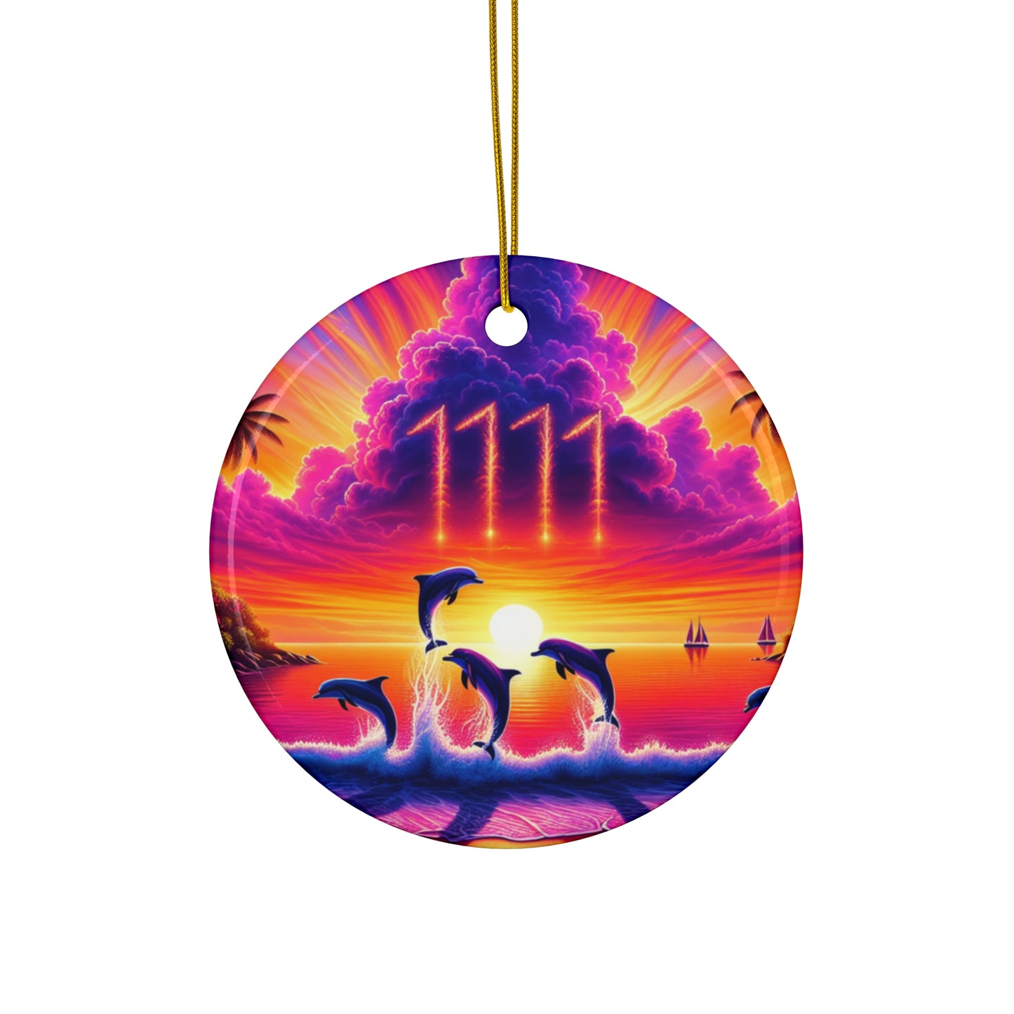 Ceramic Ornament Star, Heart, Snowflake or Circle 1111 "Paradise Dusk: A Tropical Symphony of Colors" - Tropical Beach Sunset with Palm Trees