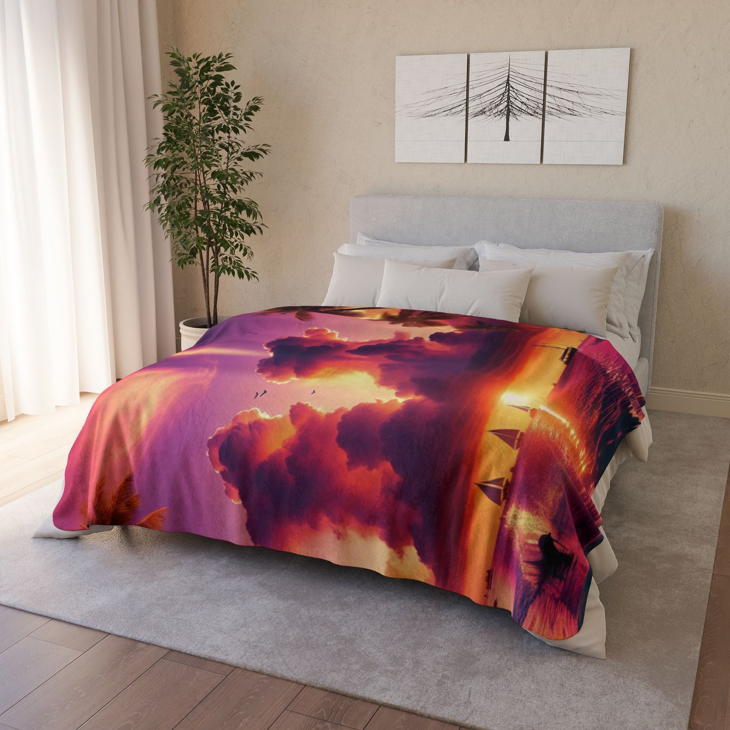 Sherpa Fleece Blanket 1111 "Divine Serenity: A Tropical 1111 Angelic Twilight Symphony" - with Tropical Beach Sunset, Palm Trees, Dolphins, and Sailboats