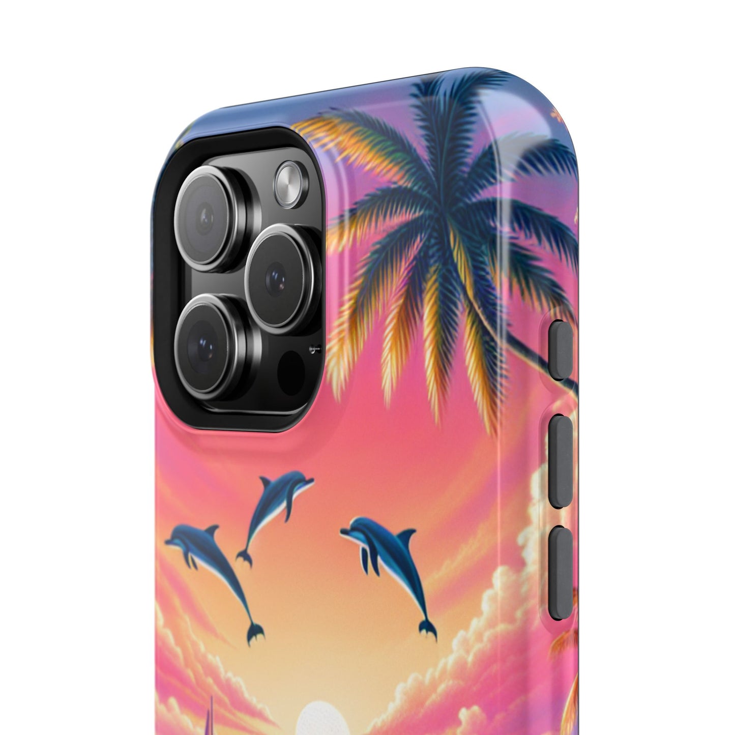 Magnetic Iphone 16 15 14 13 Pro and Max "Sunset Serenity: Tropical Paradise" - Tough Phone Case with Tropical Beach Sunset Dolphins ande Sailboats HD Art