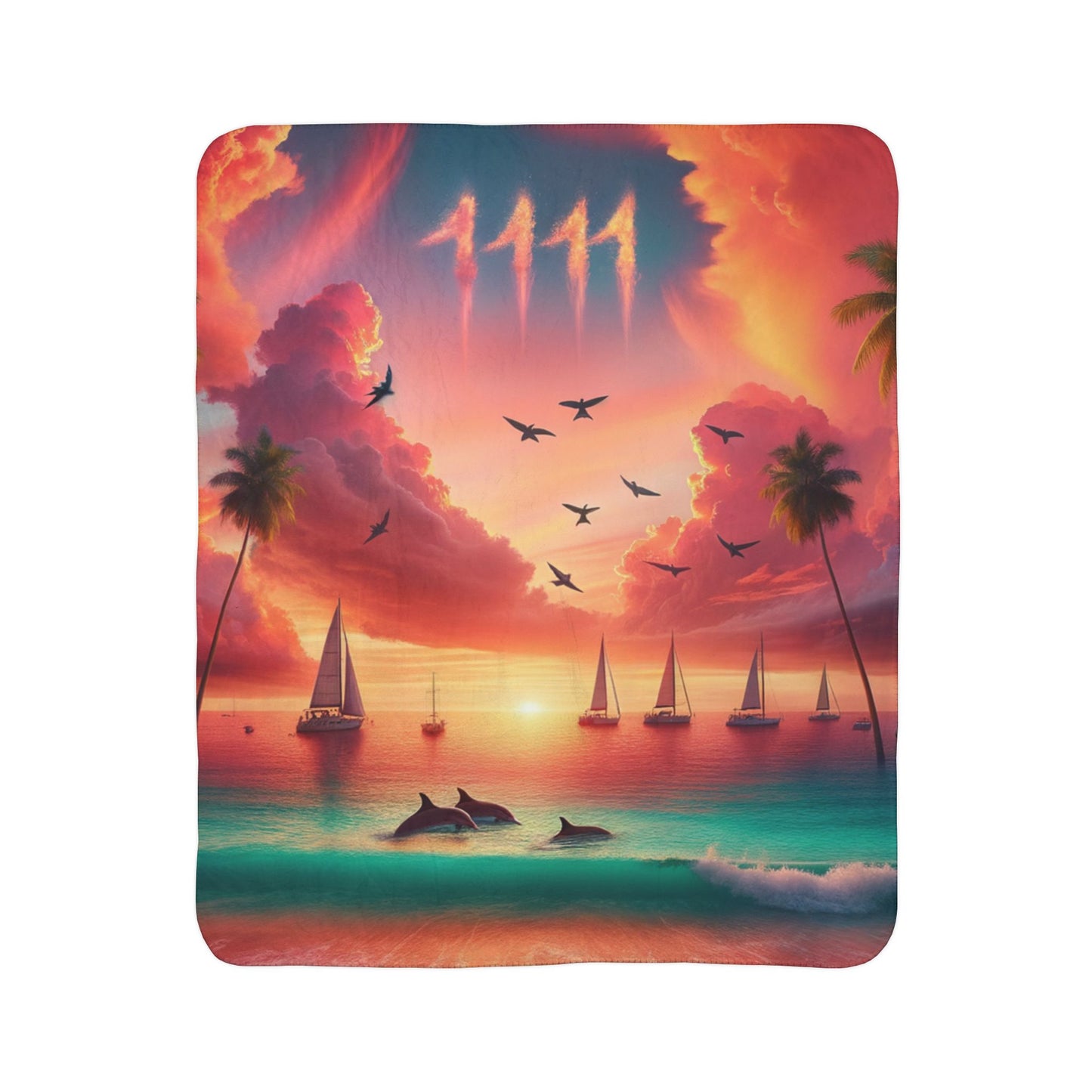 Sherpa Fleece Blanket 1111 "Serenity's Symphony: An 1111 Angelic Escapade" - with Tropical Beach Sunset, Palm Trees, Dolphins, and Sailboats