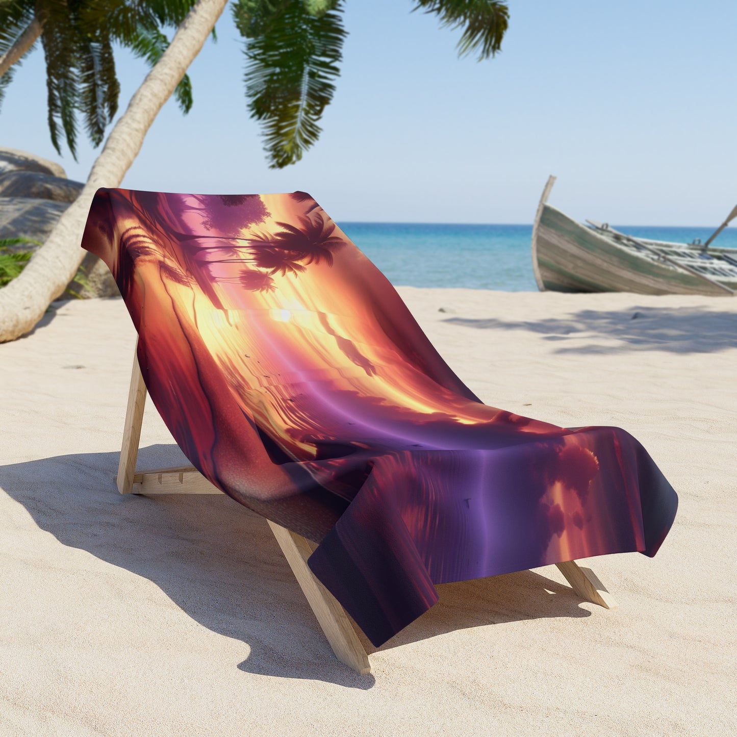 "Paradise's Palette: Tropical Sundown Serenity" - Tropical Beach Sunset with Palm Trees Beach Towel