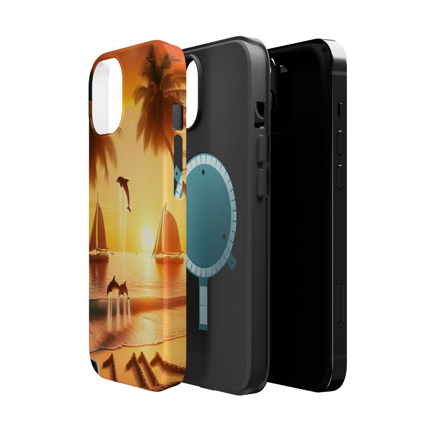 Magnetic Tough Phone case for phone 16 15 14 13 Pro Plus and Max 1111 "Sundrenched Palms: A Tropical Twilight Masterpiece" - Tough Phone Case with Tropical Beach Sunset Dolphins ande Sailboats HD Art