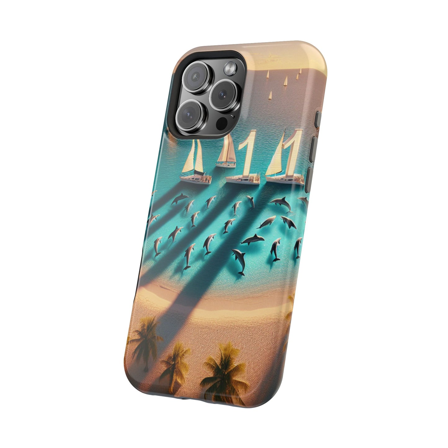 Tough Phone Case, Paradise Unveiled: A Tropical Sunset Symphony, Magnetic Iphone 13-16 Pro Plus and Max 1111, Beach Dolphins Sailboats, HD